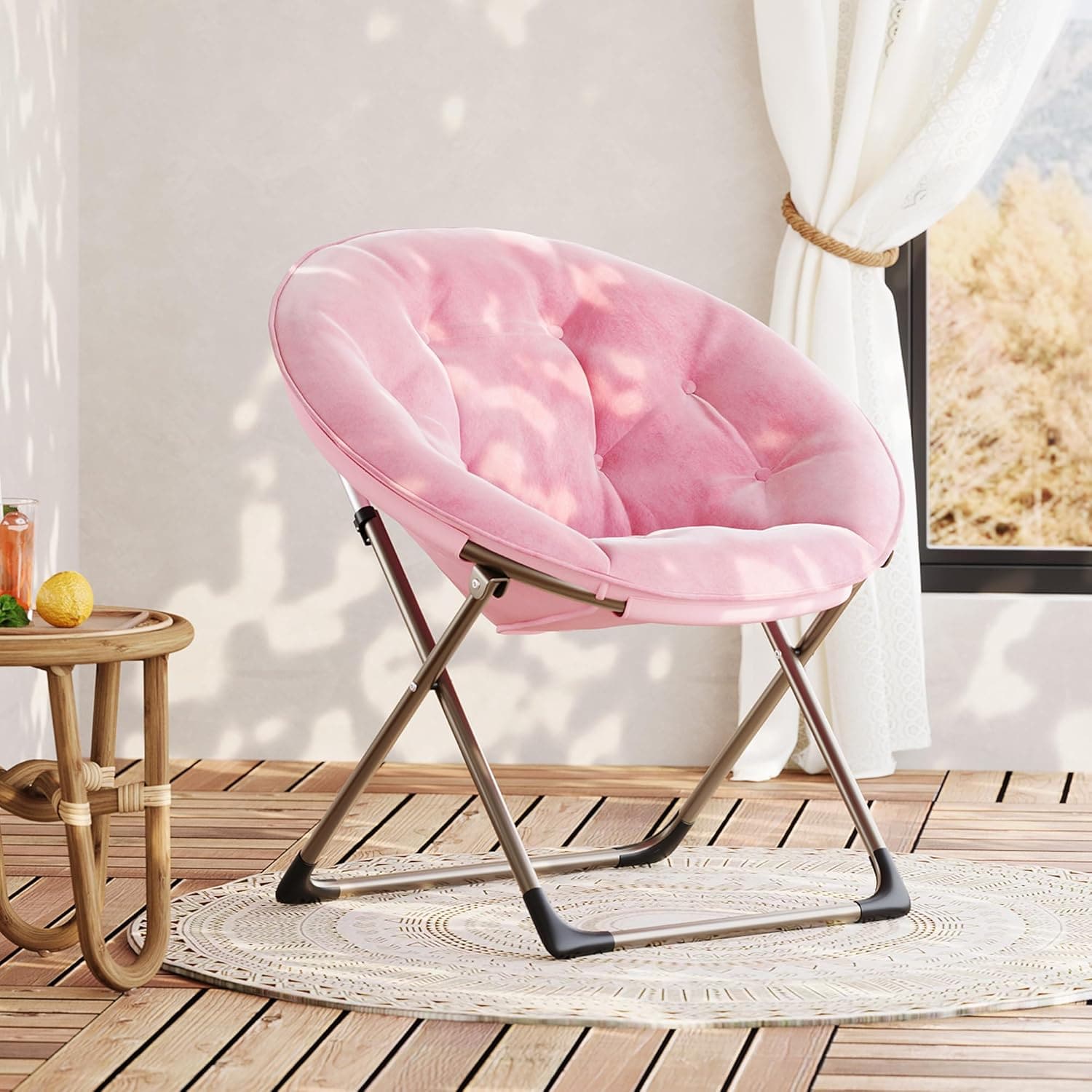 Qeetex YJZDY-PHK-33FUD5KQ Oversized Saucer Chair-Faux Fur Folding Moon Chair with Plush Cushion and Metal Frame-No Assembly-Comfy Accent Seat for Adults and Teens-Bedroom/Dorm/Living Room-Flower Shape-301 lbs Capacity(Pink)
