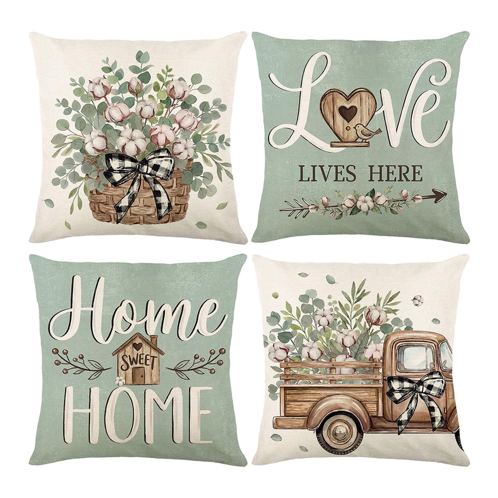 Yichuhaoxi  Spring Pillow Covers Set of 4 18x18 Farmhouse Eucalyptus Leaves Decorative Cushion Cases Faux Linen Polyester for Sofa Bed Chair Patio