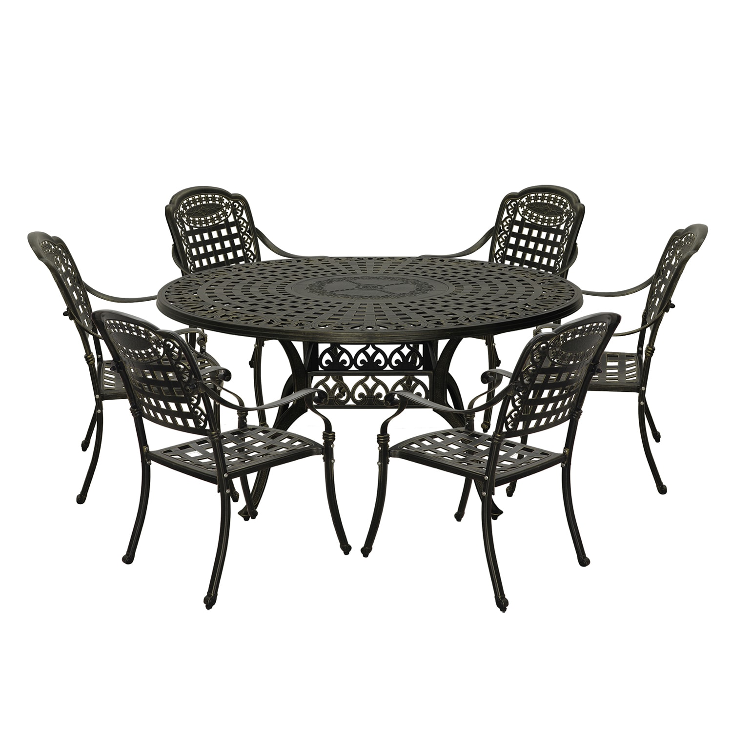 Mondawe MO-XGT150CE-BR 7 -Piece Black Patio Dining Set Aluminum Round Table with 6 Stackable Stationary Chairs