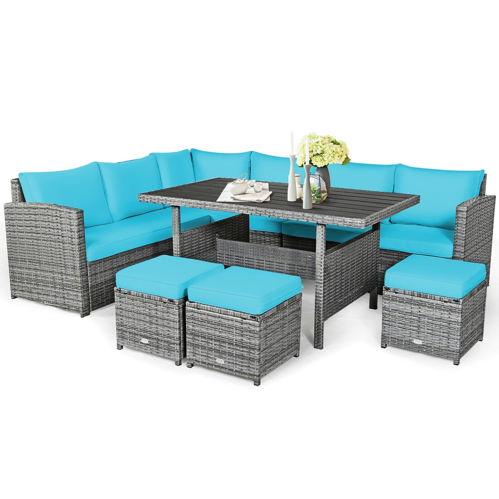 7 Pieces Patio Rattan Turquoise Dining Furniture Sectional Sofa Set with Wicker Ottoman | - Forclover HYFAS18TU