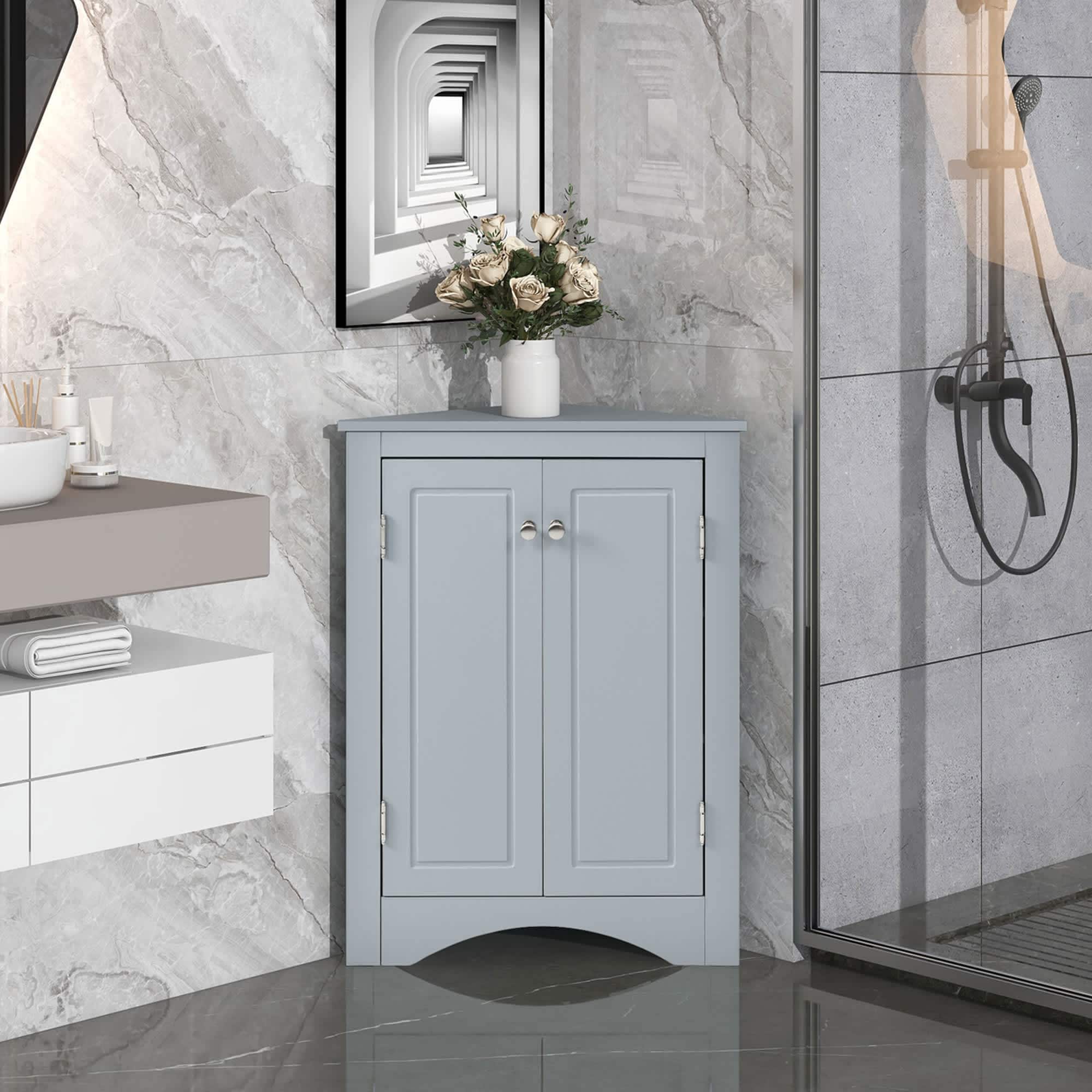 WhizMax LWAM-PHO-11MKDYY1 Modern Corner Storage Cabinet  Adjustable Shelves  Sturdy MDF Board  Ample Storage Space  Easy Installation  Triangle Design  Freestanding Floor Cabinet for Home Kitchen
