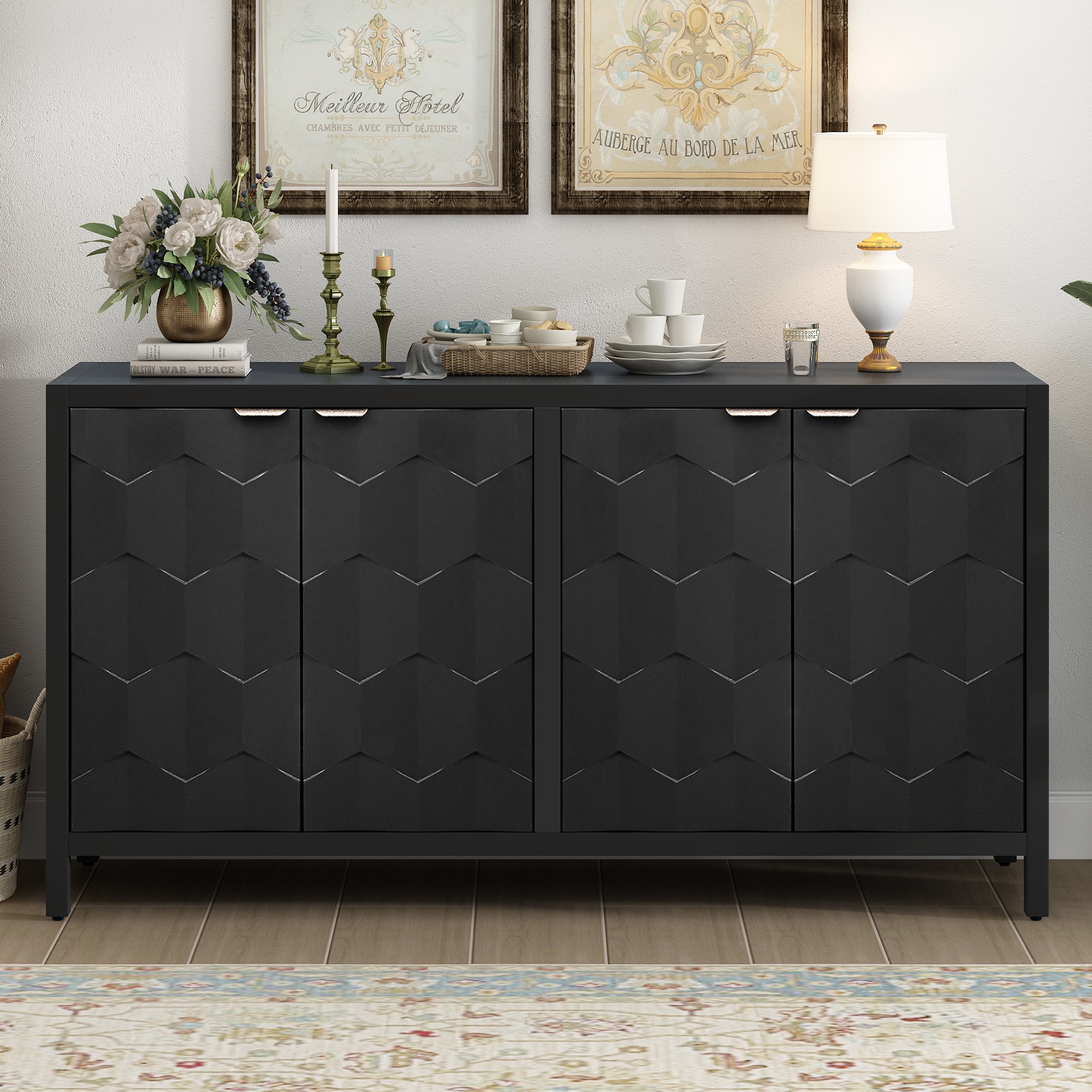 LOVMOR SF-M-N711P187044B Luxurious Four Door Sideboard with Honeycomb Patterned Doors Offering Ample Storage for Study Entrance and Living Room