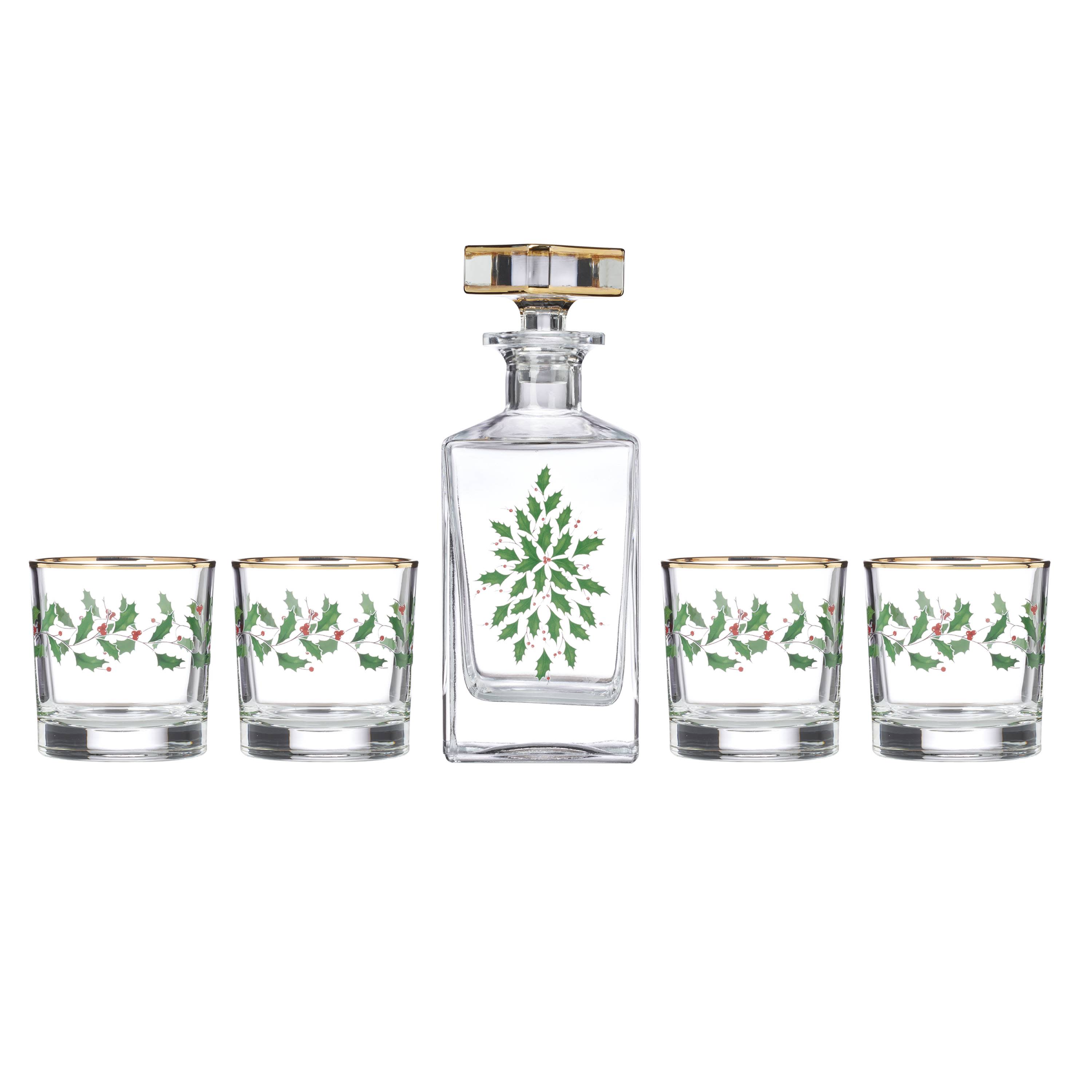 LENOX 896709 Holiday Decanter and Whiskey Glass Set 5 -Pack Holiday Glass Rectangle Decanter