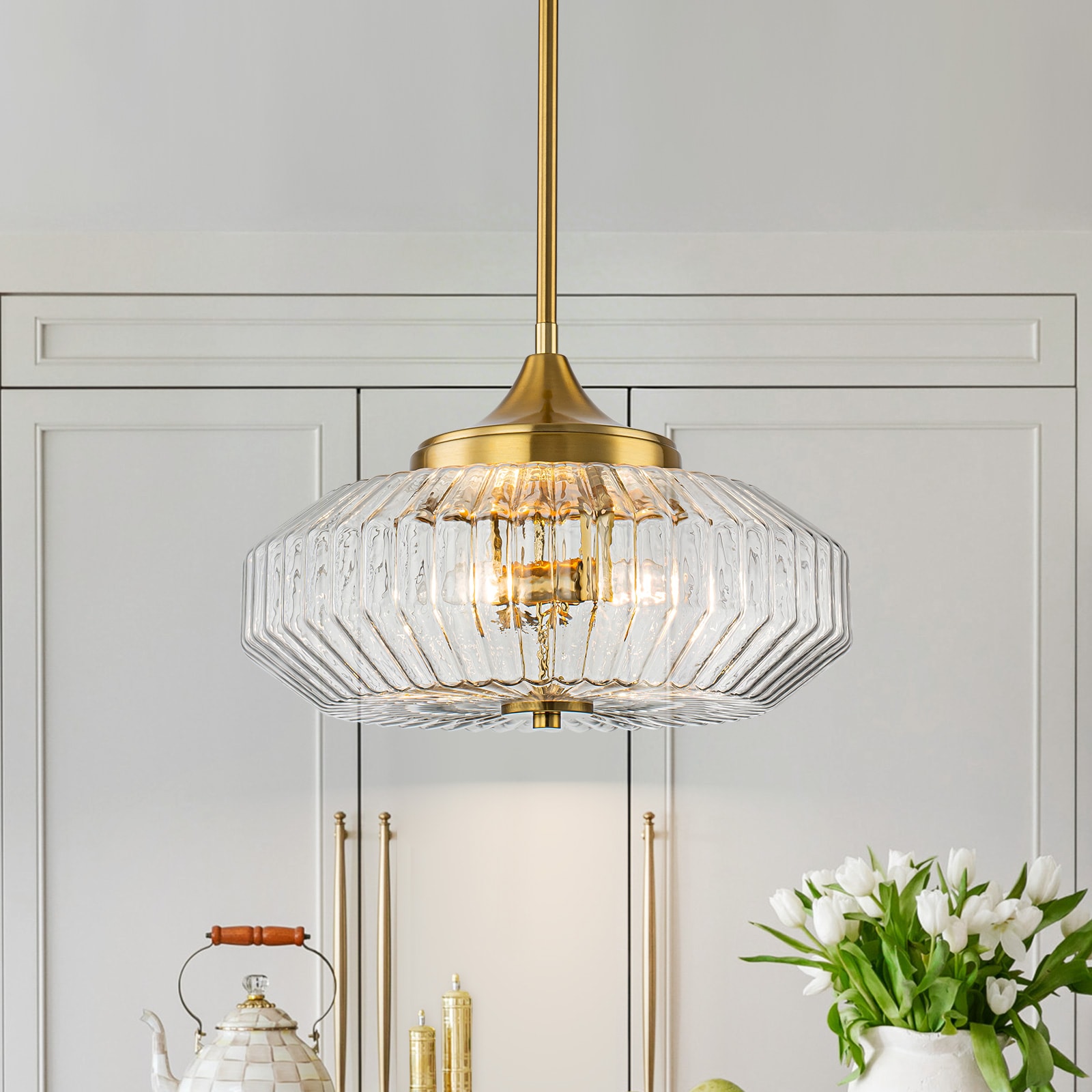 2 -Light Gold Modern/contemporary Ribbed glass Drum Hanging Convertible pendant/Semi-flush Light
