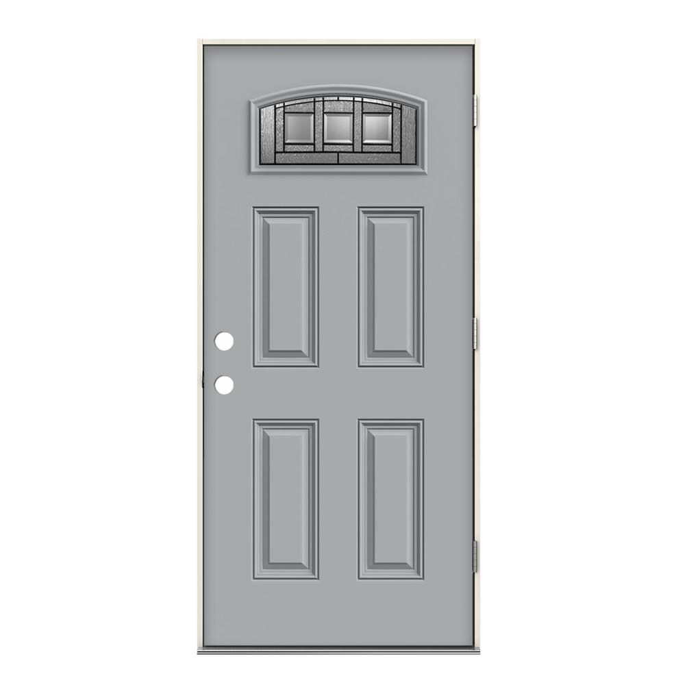 JELD-WEN LOWOLJW231000058 Craftsman 36-in x 80-in Fiberglass 1/4 Lite Left-Hand Outswing Infinity Grey Painted Prehung Front Door Insulating Core