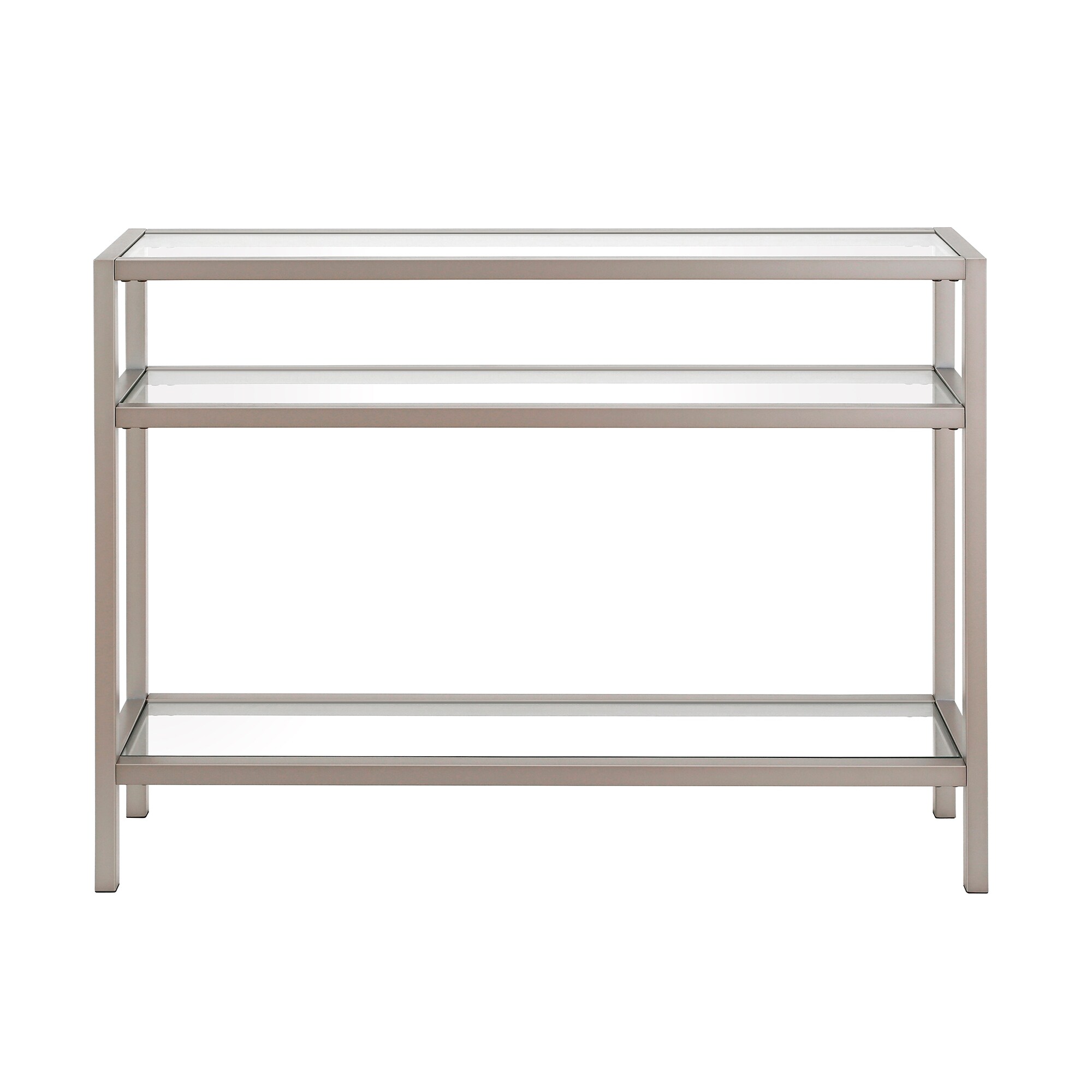 Satin Nickel Industrial Console Table with Tempered Glass Shelves
