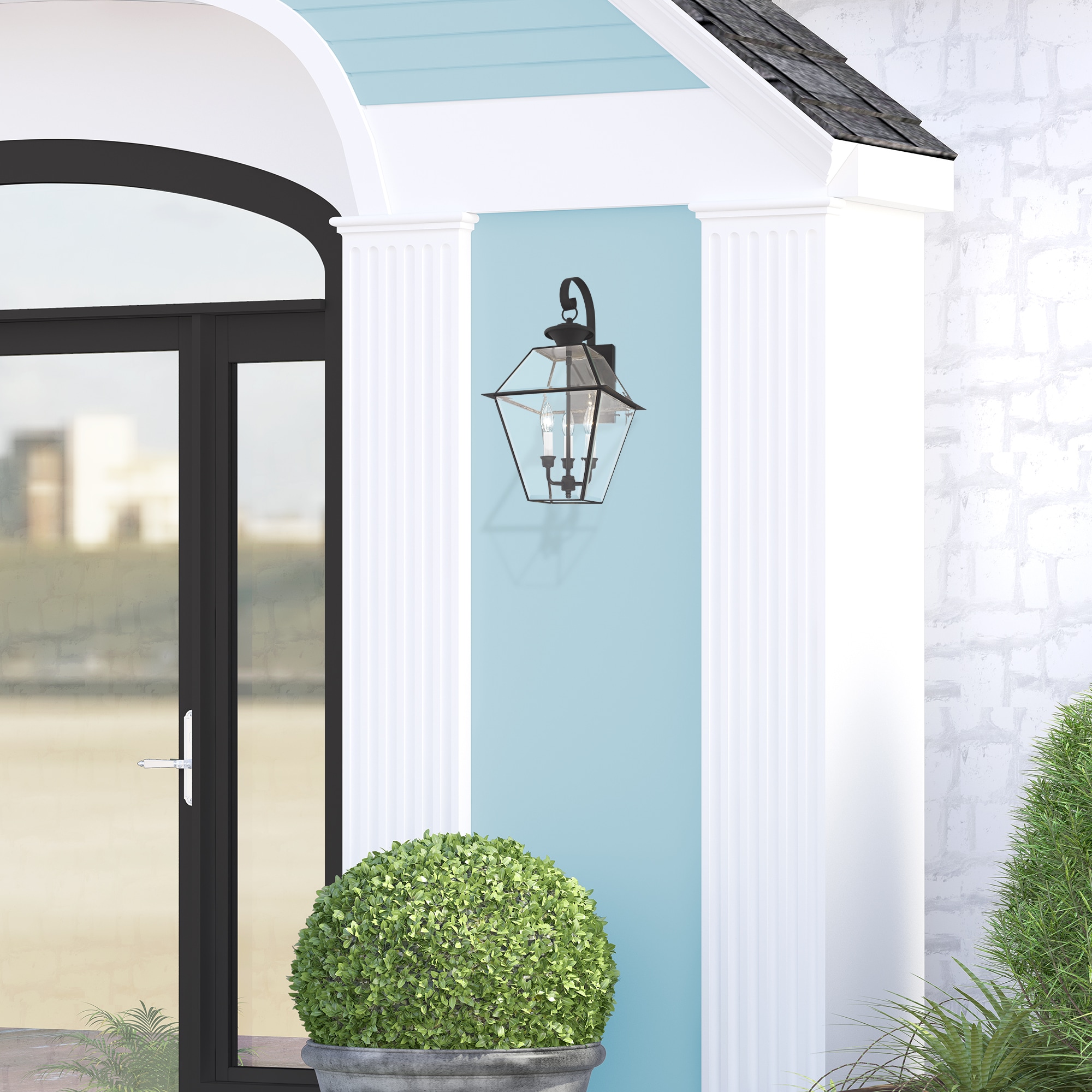 Charleston Elegance 3-Light Outdoor Wall Lantern in Black with Clear Beveled Glass