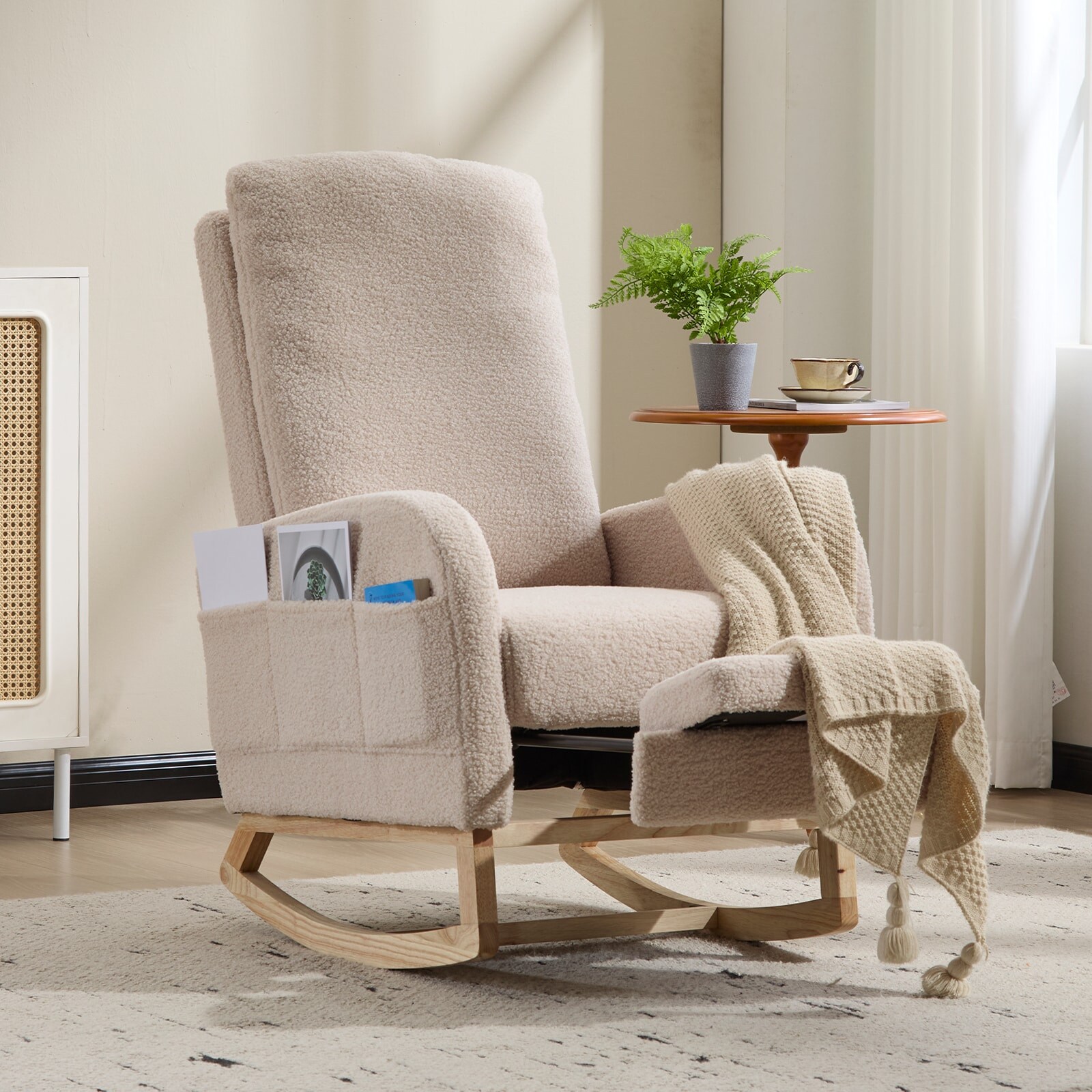 Tatayosi JJ-06660175 Modern Accent Rocking Chair Rocking Chair with Solid Wood Legs; Upholstered Nursery Glider Rocker; Comfy Armchair with Side Pocket; Living Room Lounge Arm Chair with High Backrest (Beige;teddy)