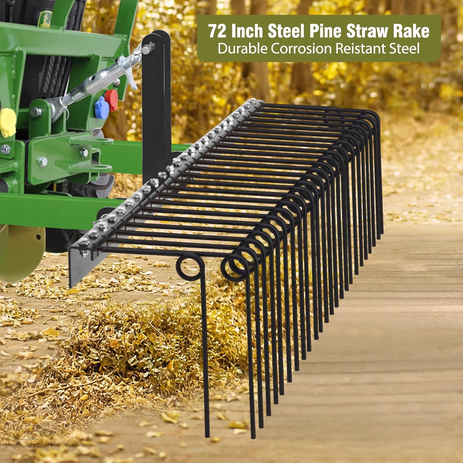 Qeetex GWPHO-0ZU0AJ5P 72 Inch Heavy Duty Pine Straw Rake 30 Coil Spring Tines Durable Powder Coated Steel Tow Behind Landscape Rake with 3 Point Hitch Receiver Attachment Fit to Cat0 Cat 1 Tractors for Leaves Grass Black