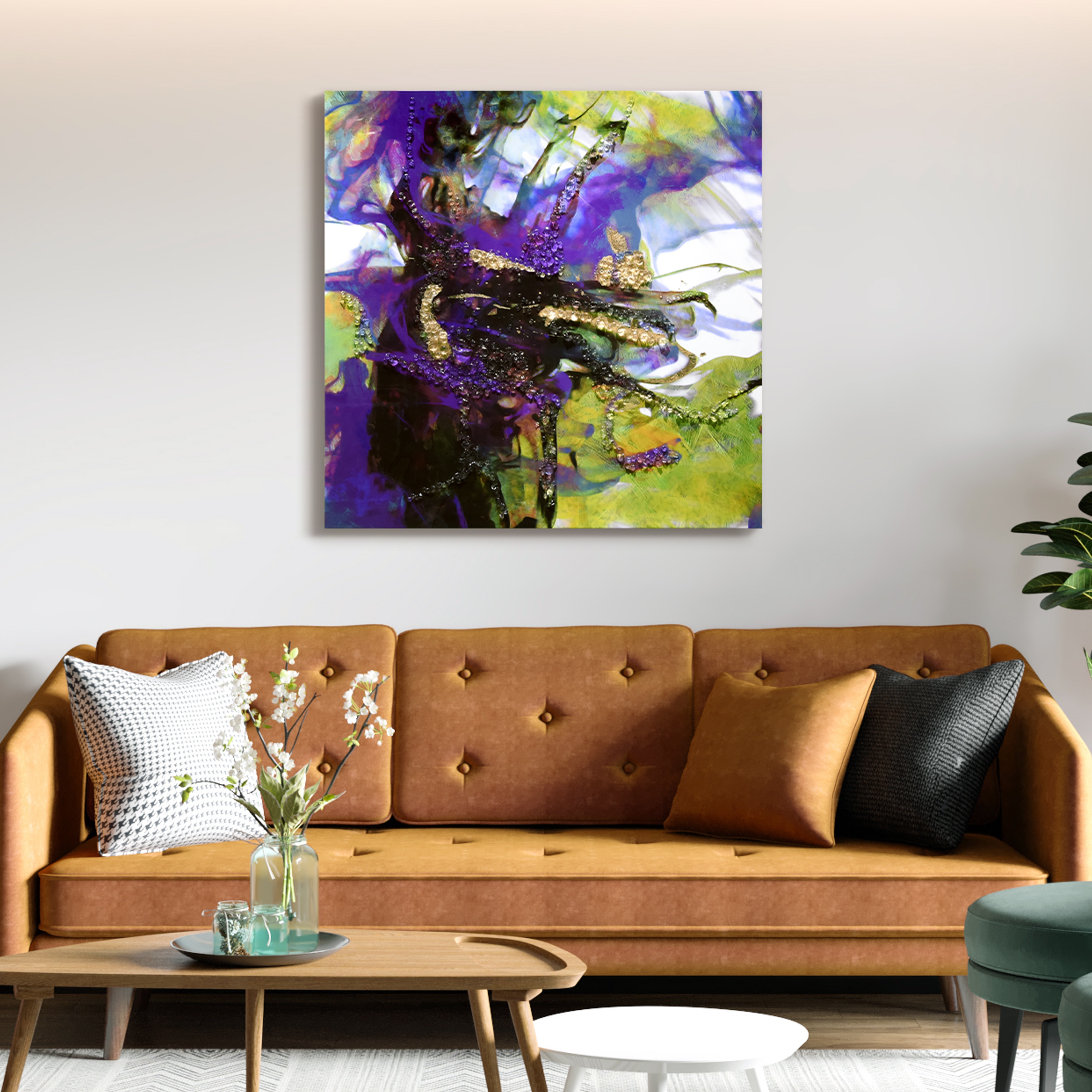 Vibrant Essence I 40" Abstract Canvas with Epoxy and Crystal Shards