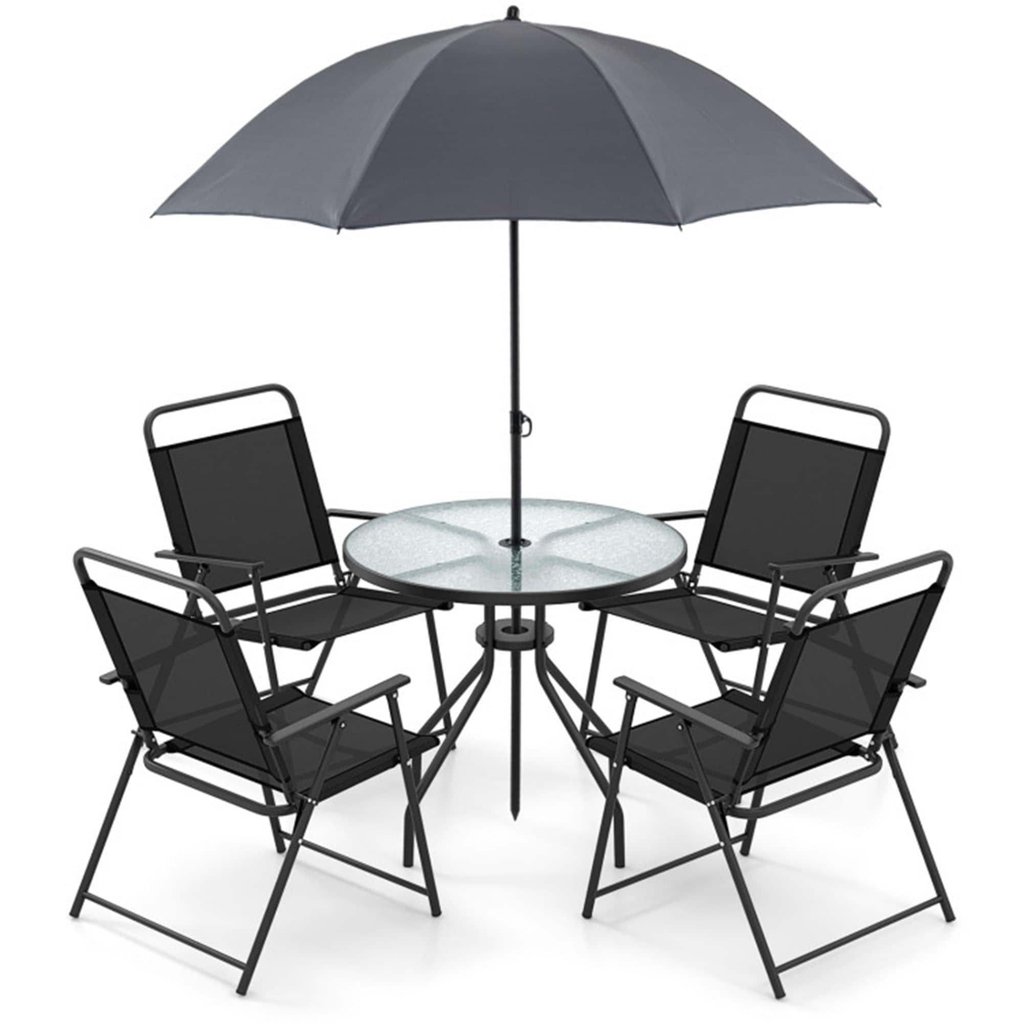 CASAINC BY-W41924209+207 6 Pieces Patio Dining Set Folding Chairs Glass Table Tilt Umbrella for Garden 6 -Piece Black Patio Dining Set Steel Round Table with 4 Gray Stackable Swivel Chairs and Umbrella Included