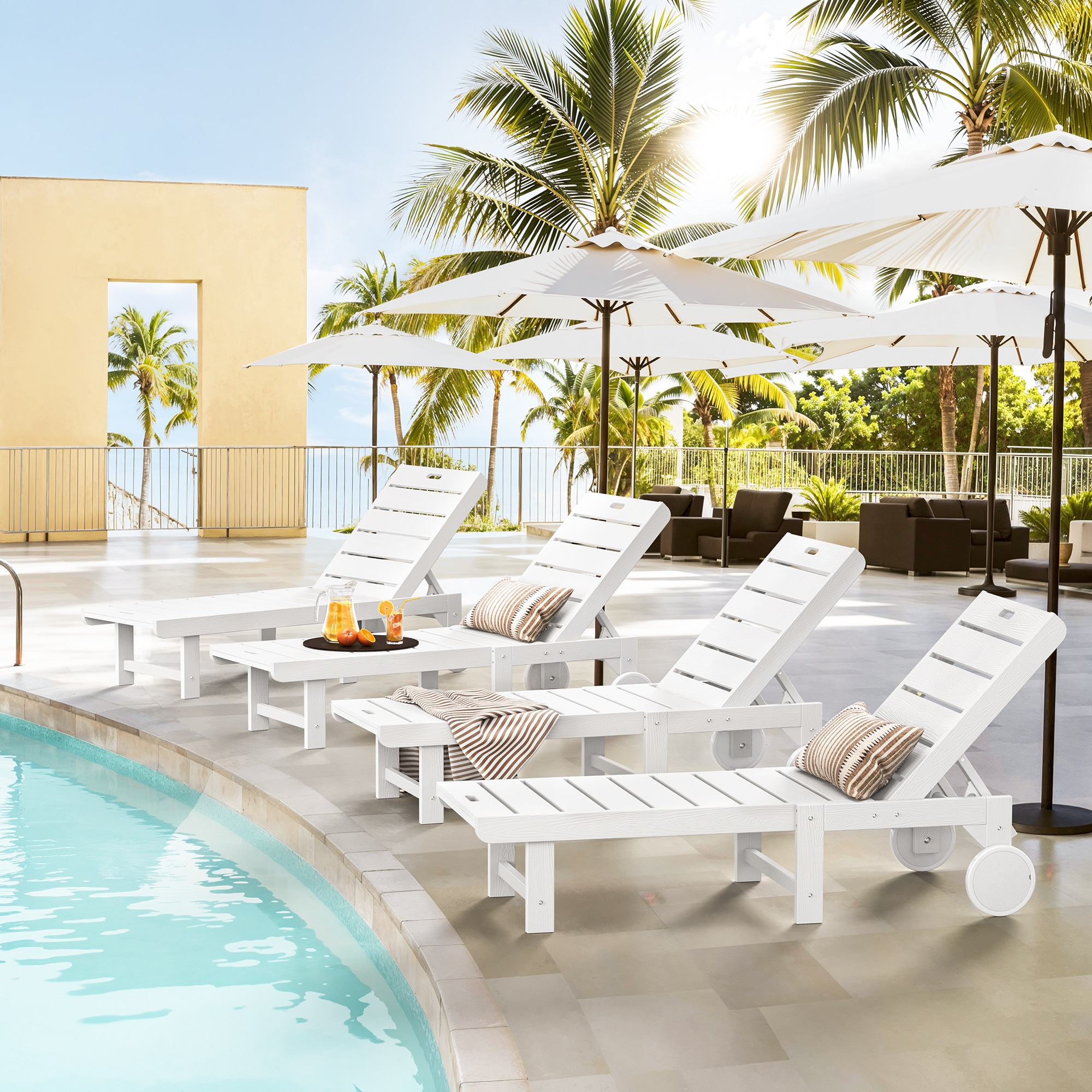 Yurevna 4JT-003-02LS Chaise lounge Set of 4 White HDPE Frame Stationary Chaise Lounge Chair with Slat Seat