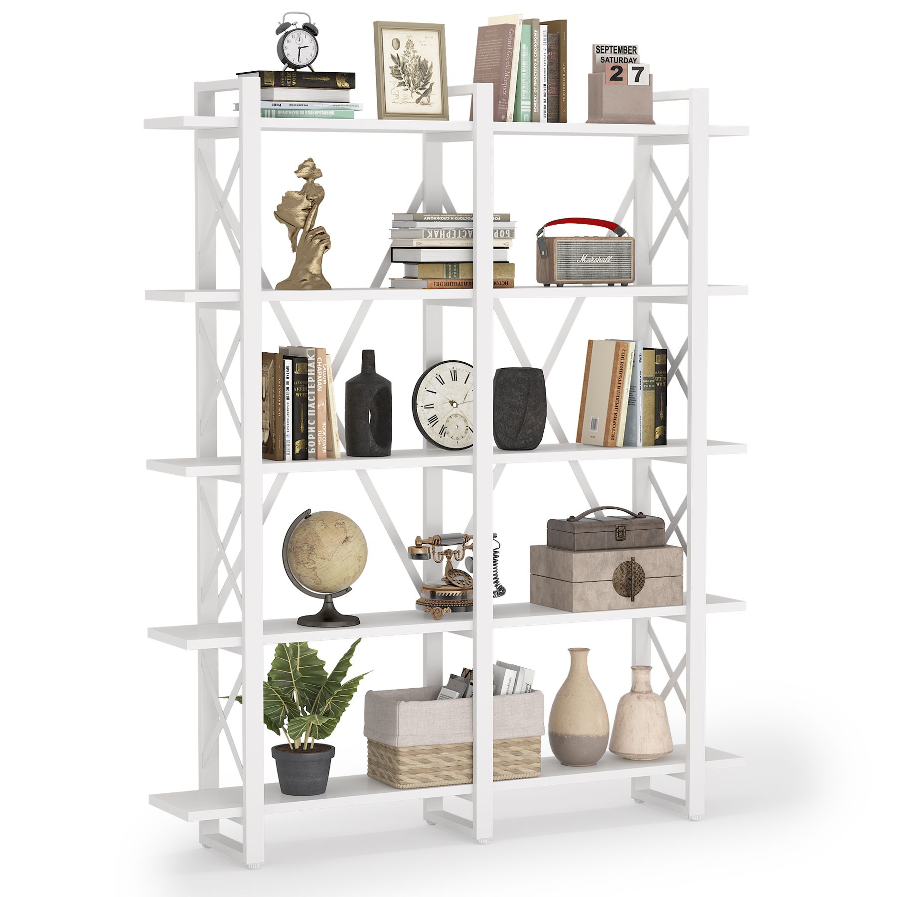 Tribesigns HOGA-F1382  Double Wide 5-Shelf Bookcase, Etagere Large Open Bookshelf White Industrial Style Shelves Wood and Metal bookcases Furniture for Home and Office