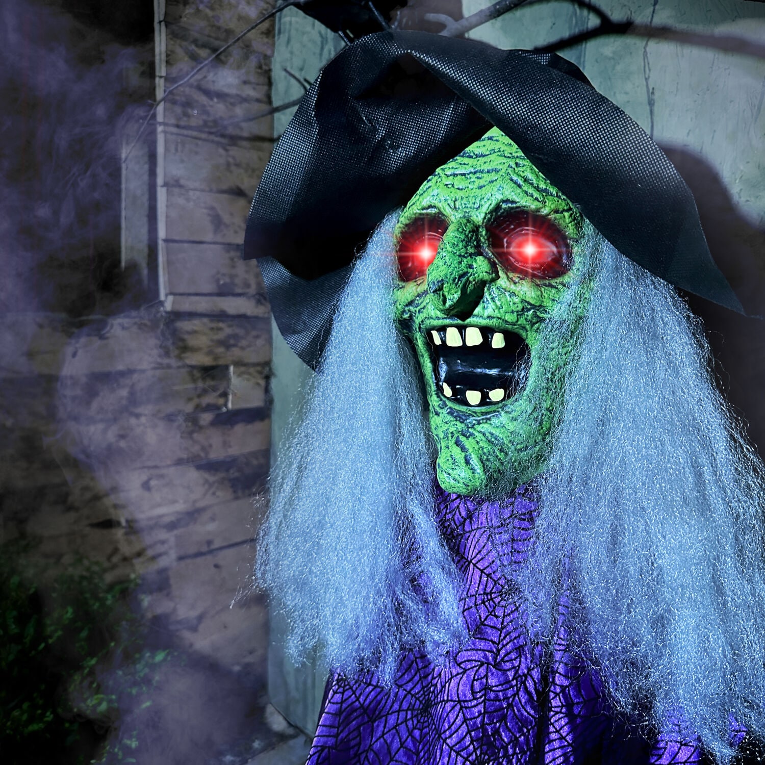 43" Green and Purple Animatronic Witch with LED Eyes