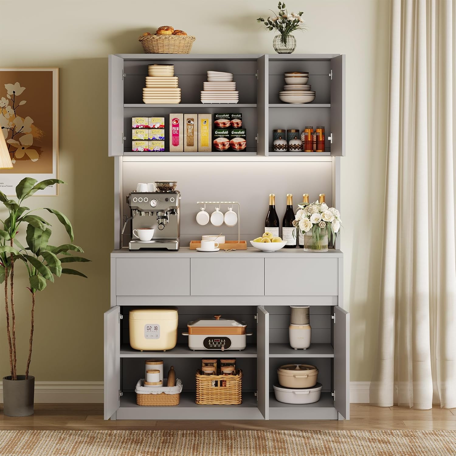 Der Rose 70Inch Gray Pantry Cabinet with Charging Station and Open ...