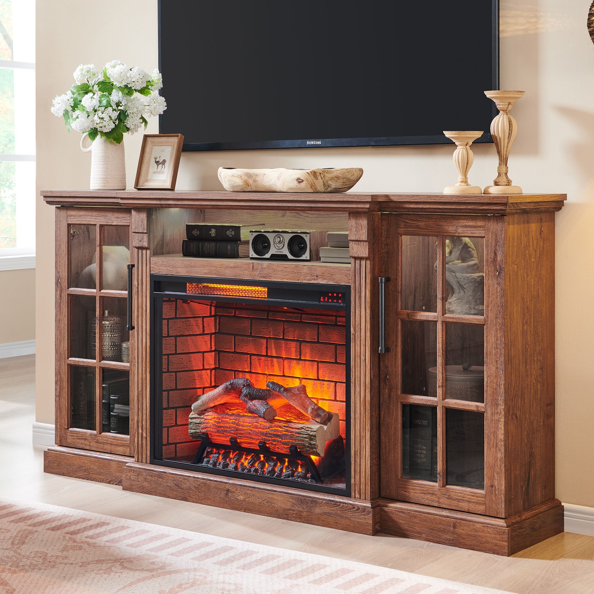 Fun Orange 65-in W Antique Brown TV Stand with Infrared quartz Corner or Flat Wall Electric Fireplace with Remote Control Included