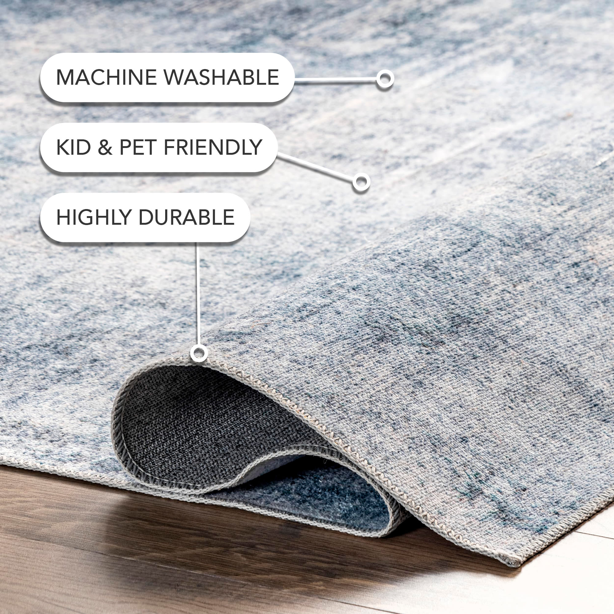 Sustainably-Sourced Blue Abstract 5' x 8' Washable Area Rug
