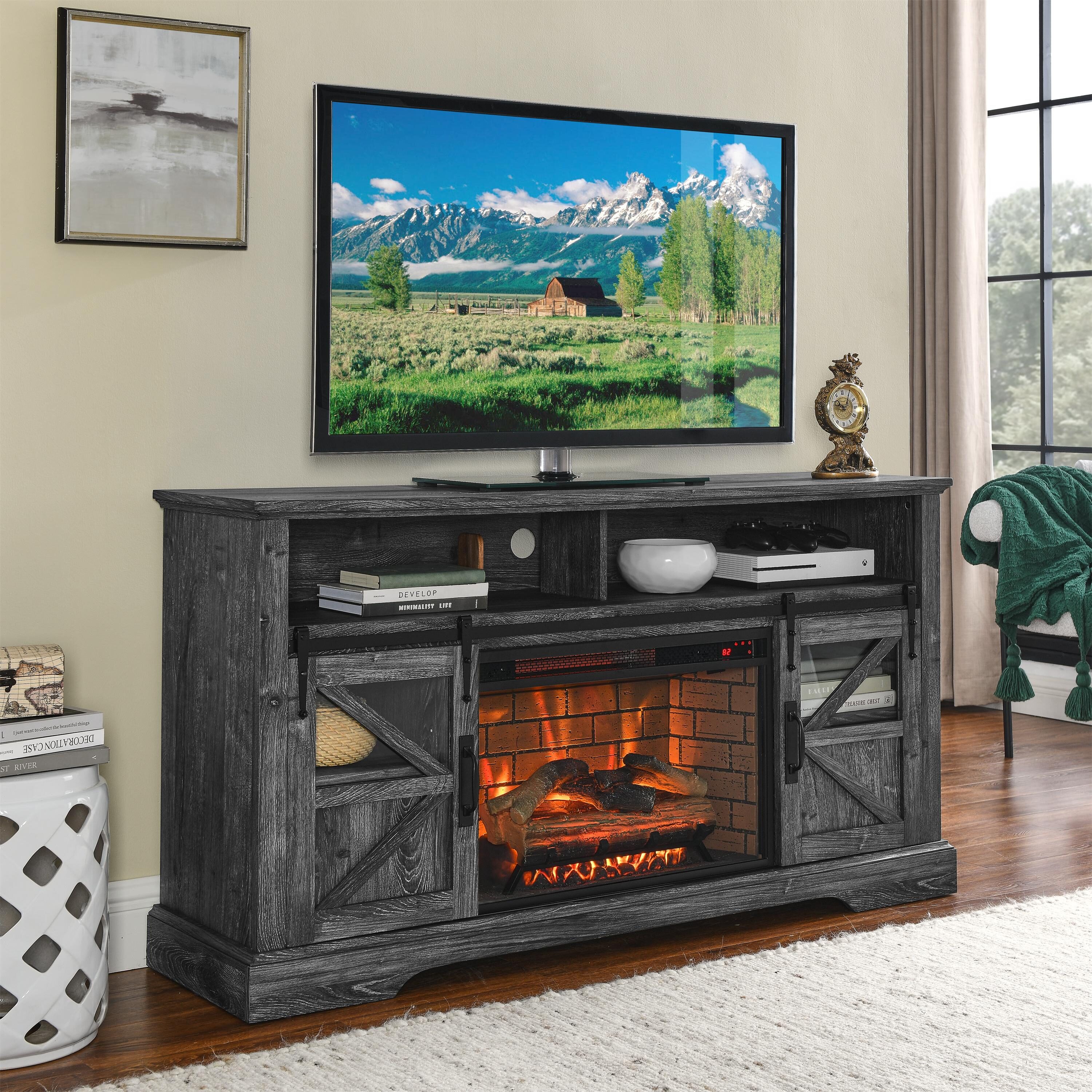 Bayfeve 60-in W Gray TV Stand with Fan-forced Electric Fireplace BF-1769S3-FP Sansujyuku sansujyuku.com