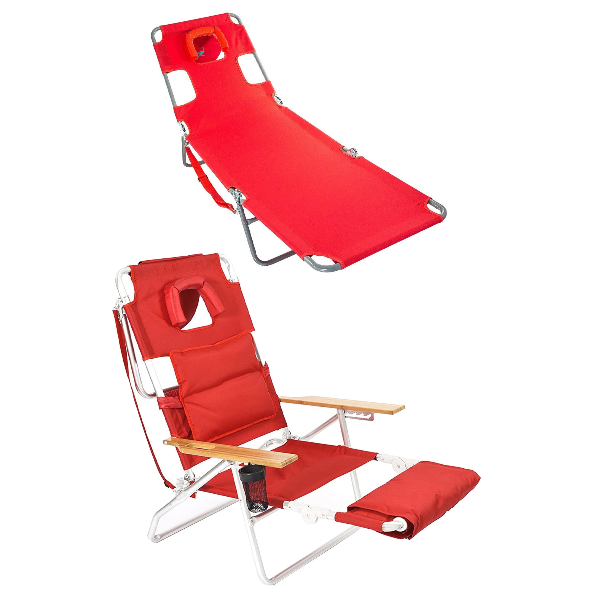 Ostrich  Chaise Folding Beach Lounger and Deluxe 3in1 Padded Sports Chair Red
