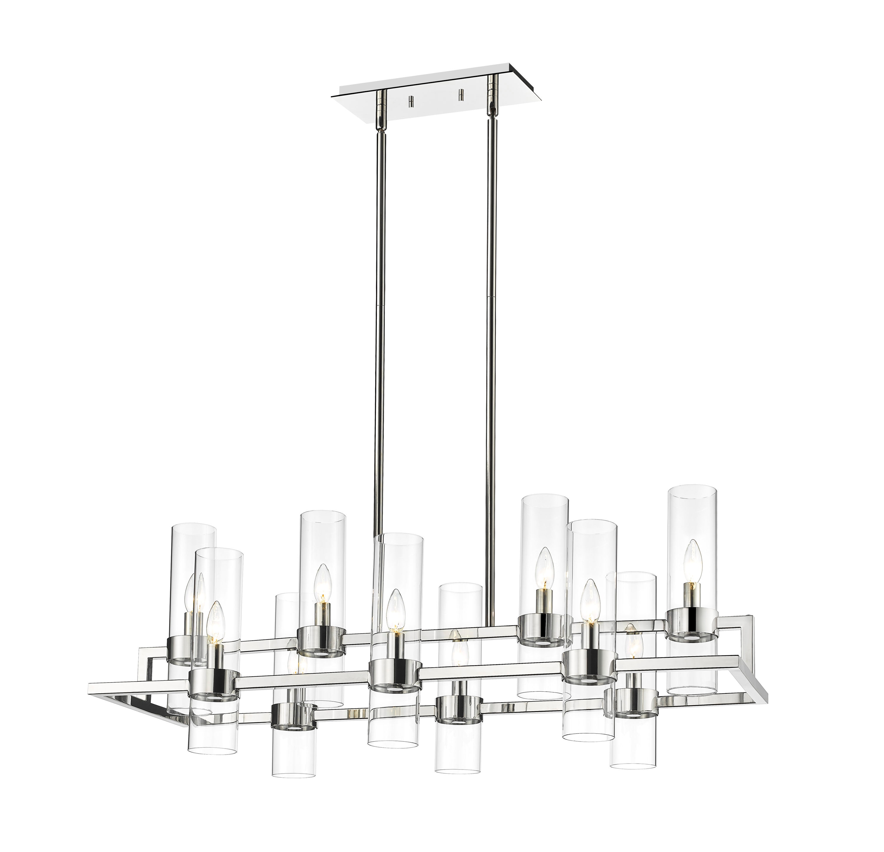 Polished Nickel 10-Light Chandelier with Clear Glass Cylinders