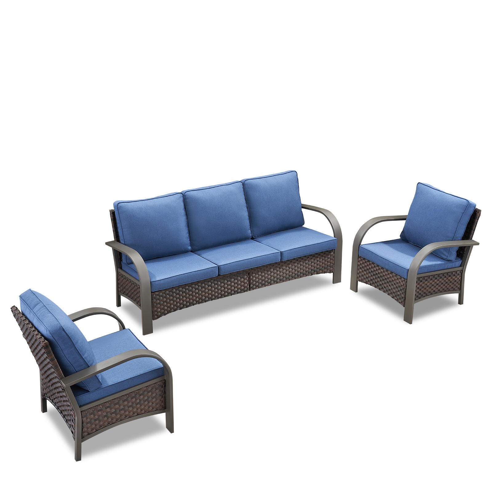 Rilyson FSTZB1311-1 3 -Piece Wicker Patio Sofa Conversation Set with Blue Cushions