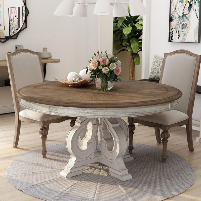 Antique White Wood Base, Round Wood Dining Room Table With Leaf