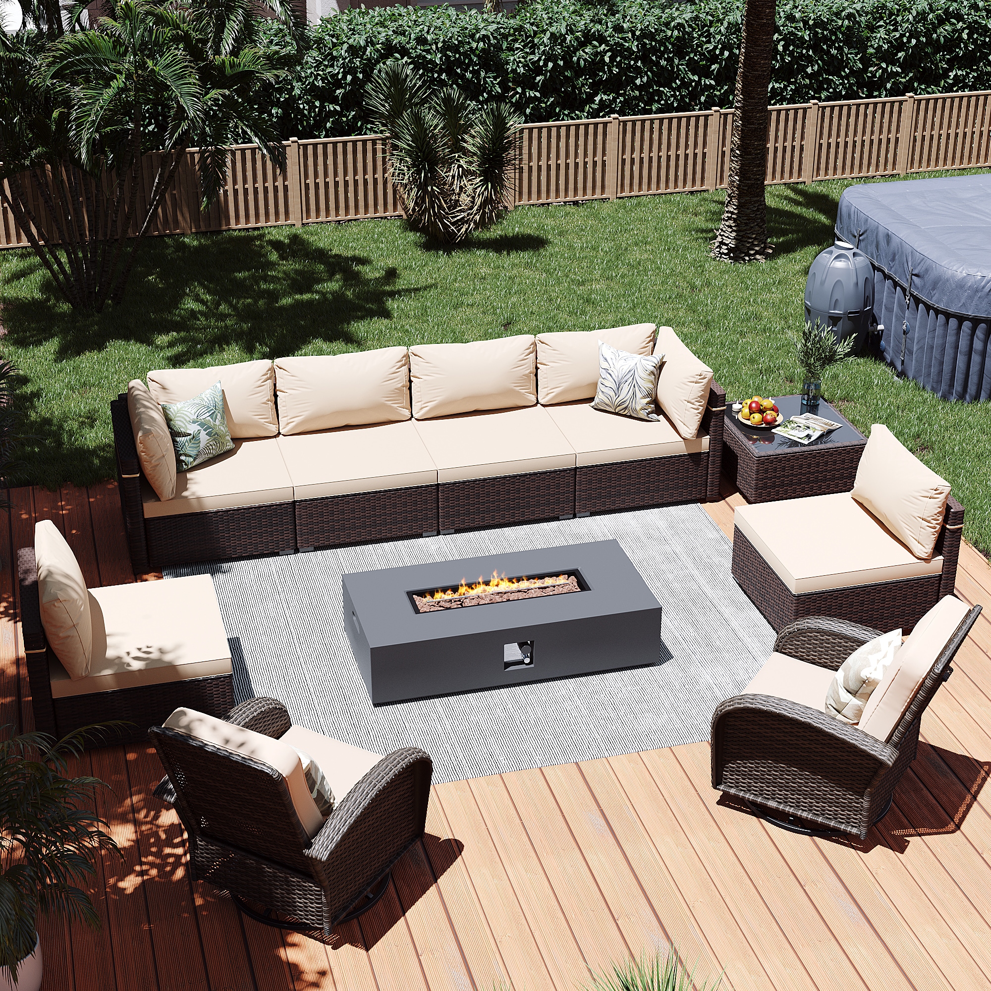 Patio Watcher LS-RT7Y11-56MDK-B1 10 -Piece Rattan Patio Conversation Set with Beige Cushions