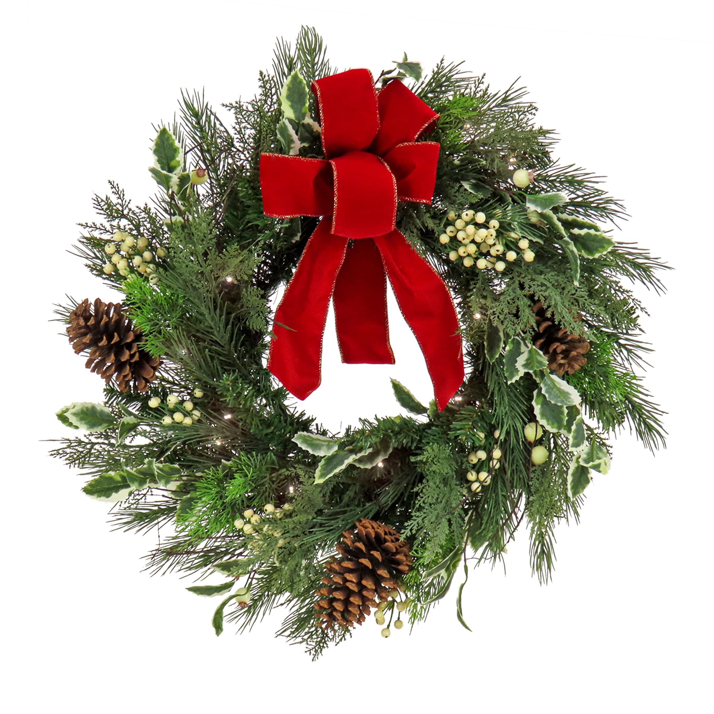 HGTV Home Collection Pre Lit Artificial Christmas Shrub Planter Filler,  Mixed Branch Tips, Decorated with Pinecones and Berries, Battery Powered,  28 Inches