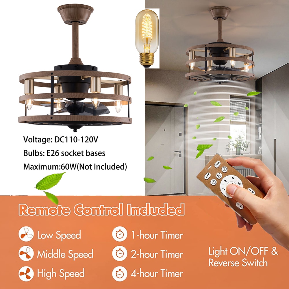 18-Inch Light Brown Caged Ceiling Fan with Remote and Lighting