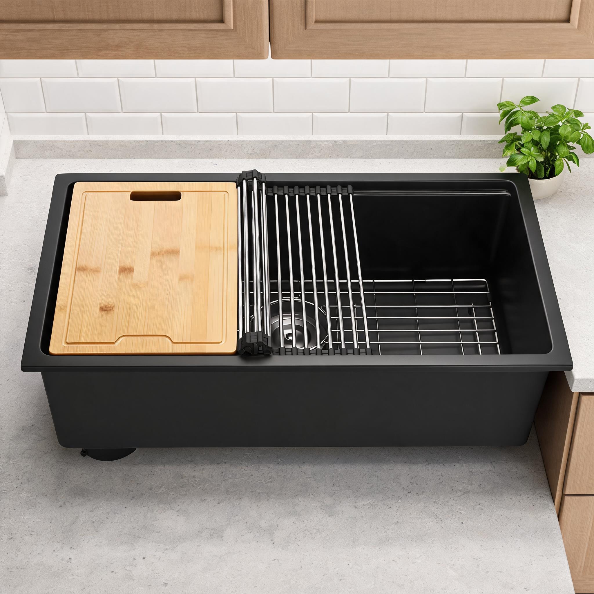 Watnature  Undermount Single Bowl Kitchen Sink 30 Inch Sleek Black Quartz Composite Workstation for RV Bar