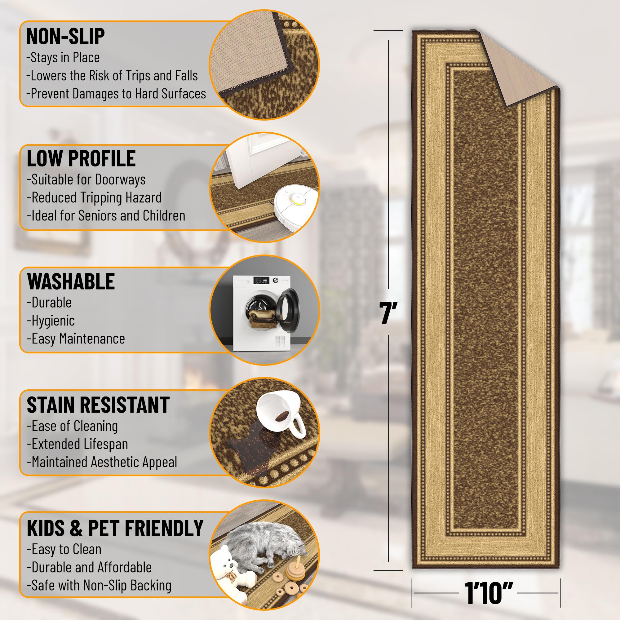 Brown and Beige Non-Slip Synthetic Runner Rug, 1'10" x 7'