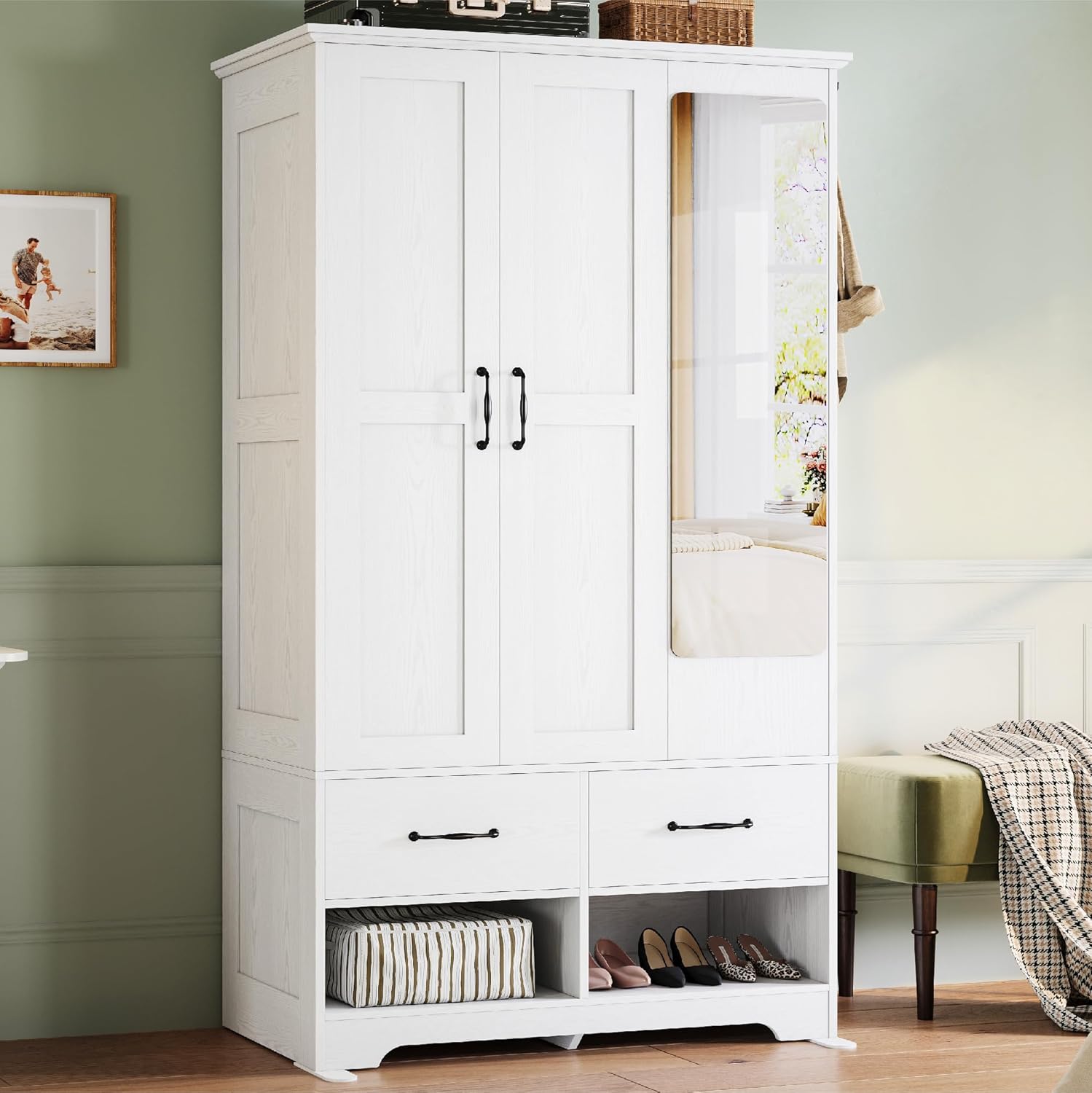 Likimio USAN1065432VN 35.43-in W White 3 Doors Wardrobe with Mirror and 2 Shoe Racks and 2 Drawers