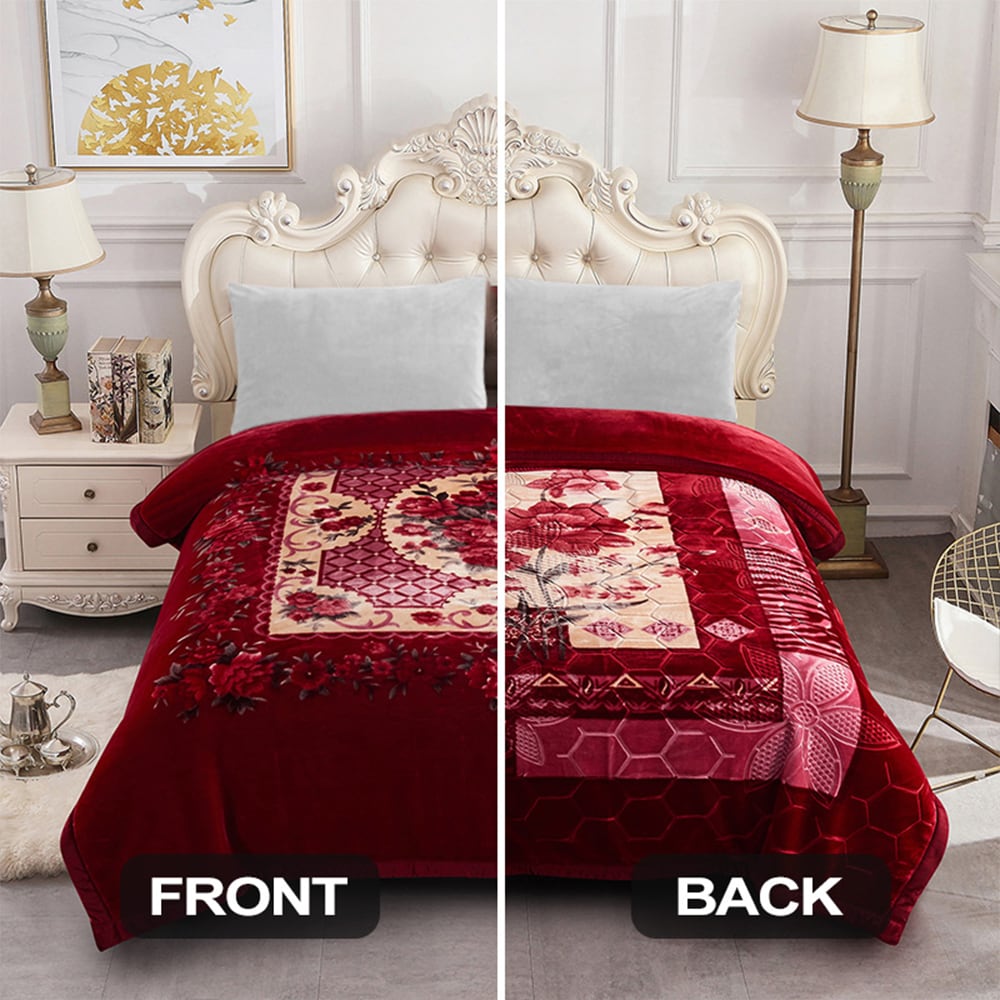 JML Burgundy Floral 2 Ply Reversible Fleece Mink 10 lbs Winter Blanket