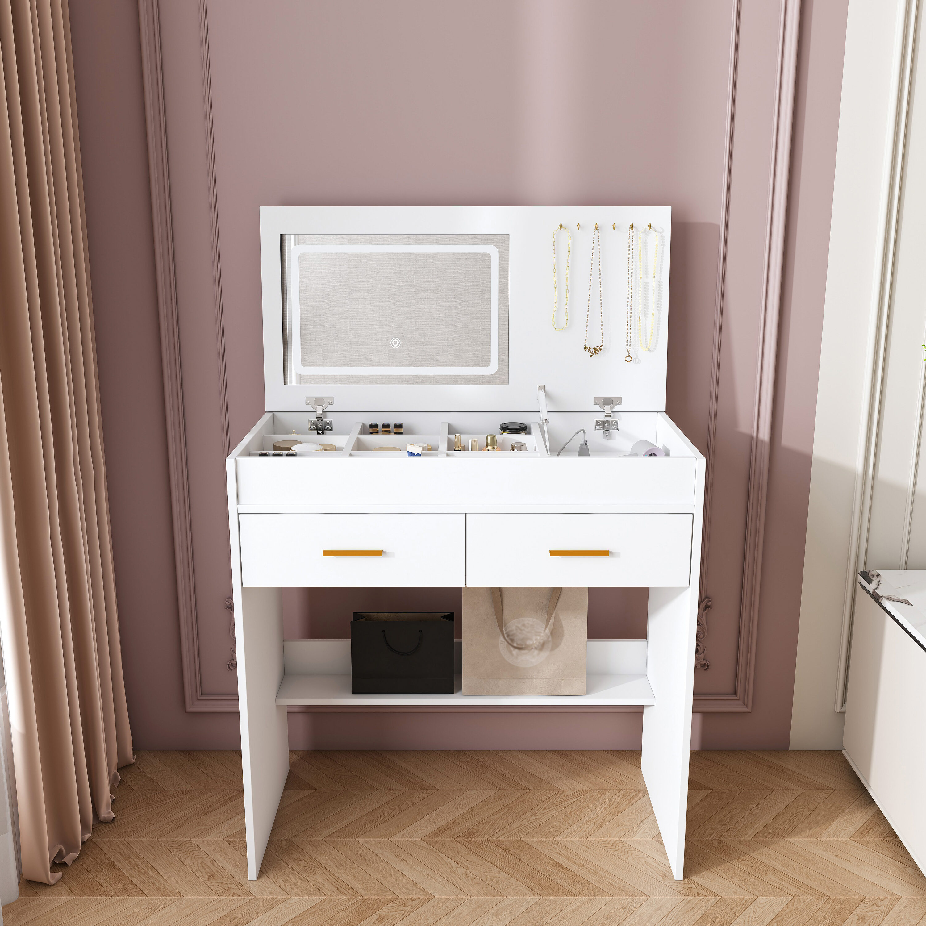 Huluwat - XJ Flip Top Vanity Desk with LED Lighted Mirror and Built-in Outlet - Makeup Vanity Tab...