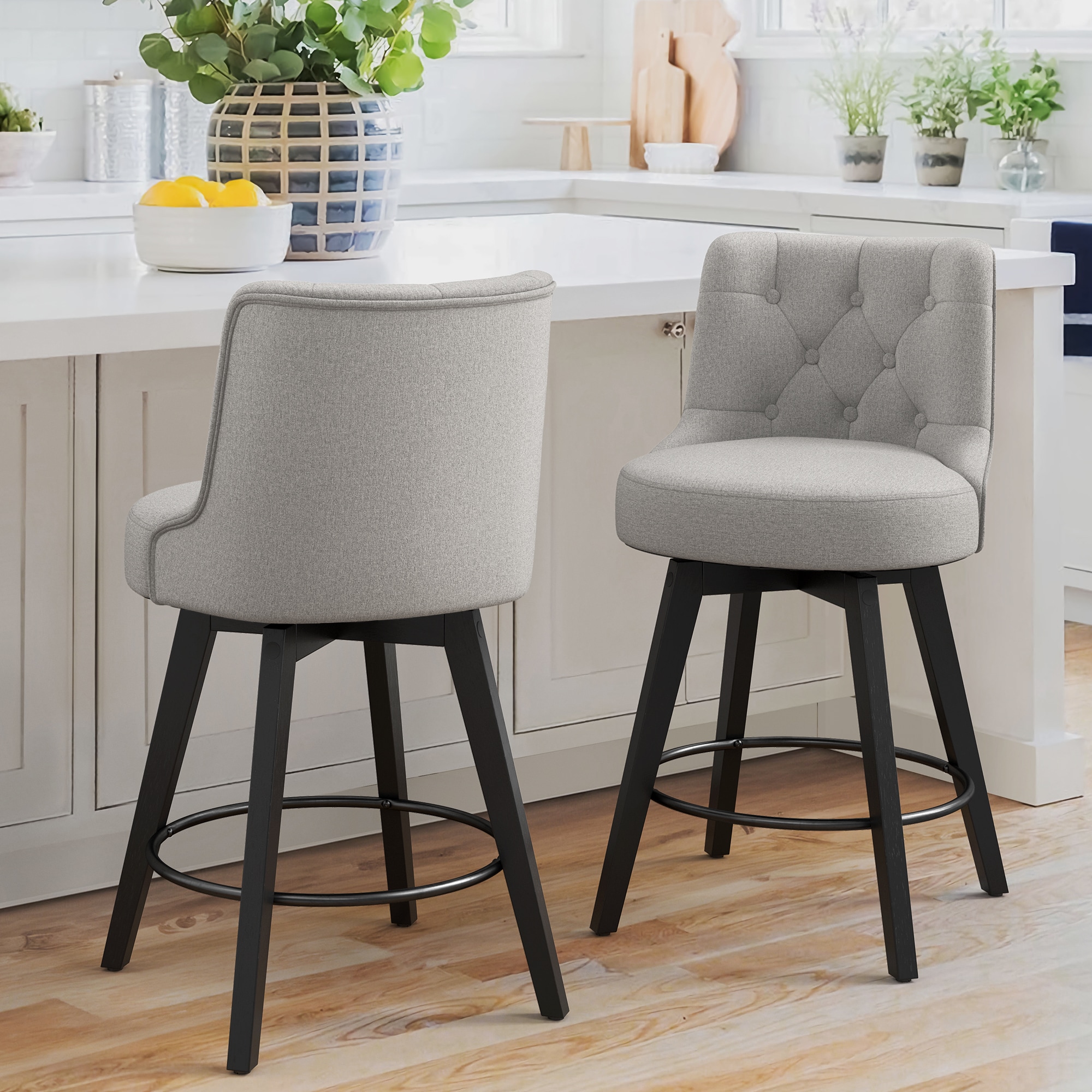 LUE BONA YB-157-01LS Set of 2 Gray 26-in H Counter height (24-in to 27-in) Round Seat Upholstered Swivel Wood Back Bar Stool Back