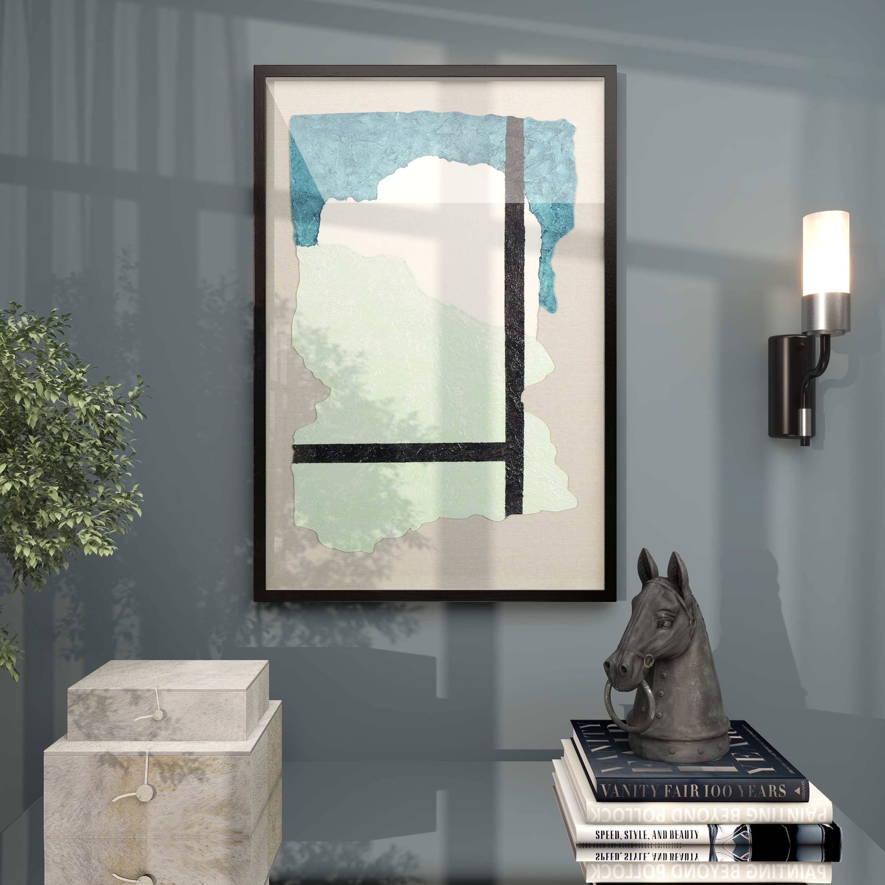Grayson Lane 820261 36 In. x 24 In. Mixed Media Inspired Framed Wall Art with Black Frame Gray Canvas Abstract Black Plastic Framed 35.63-Inches H x 23.5-Inches W Abstract Canvas Painting