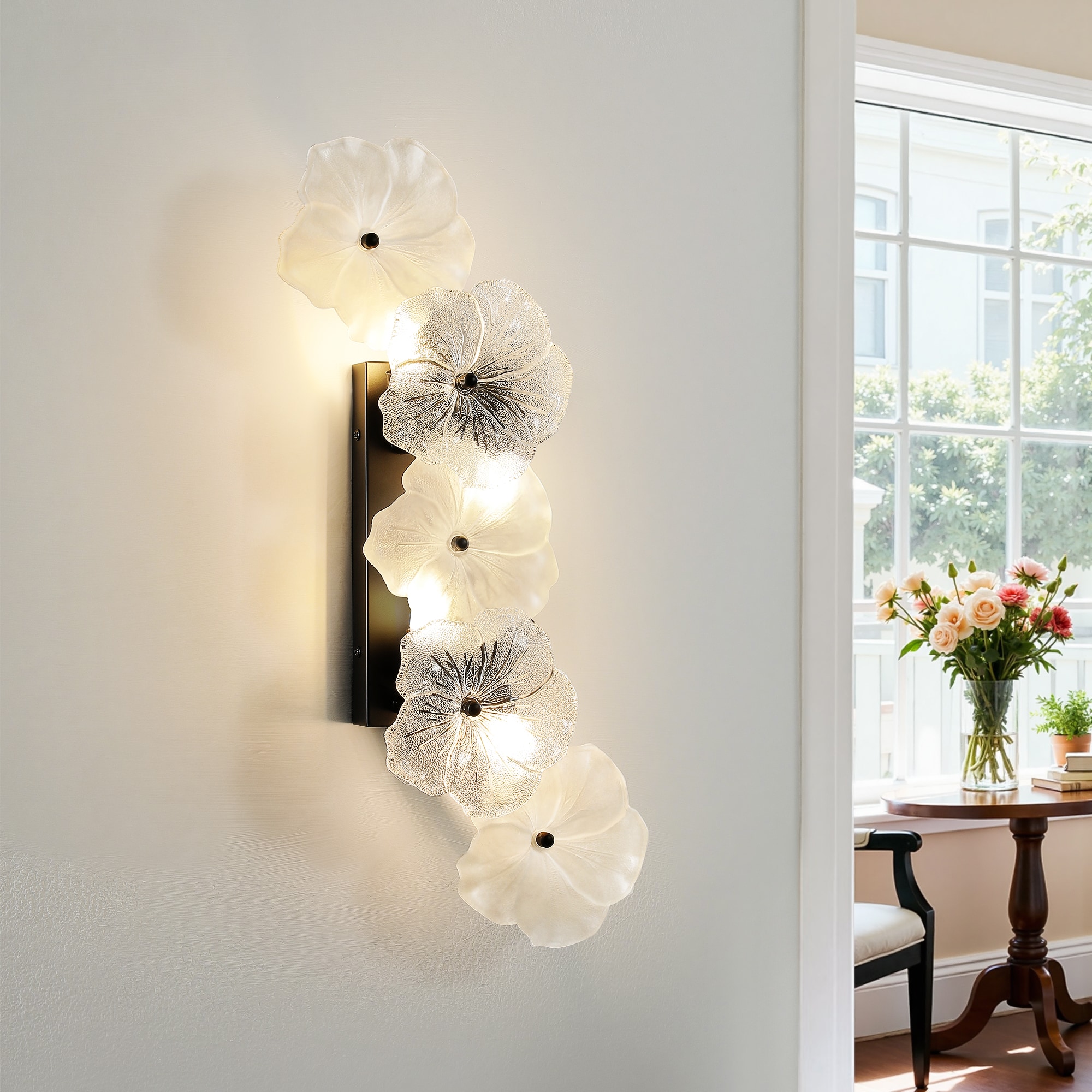 KAISITE 21-in. 4 Light Modern Black Wall Sconces Adjustable G9 Base Vanity Light Fixture For Bedroom with 5 Glass Flower Decor