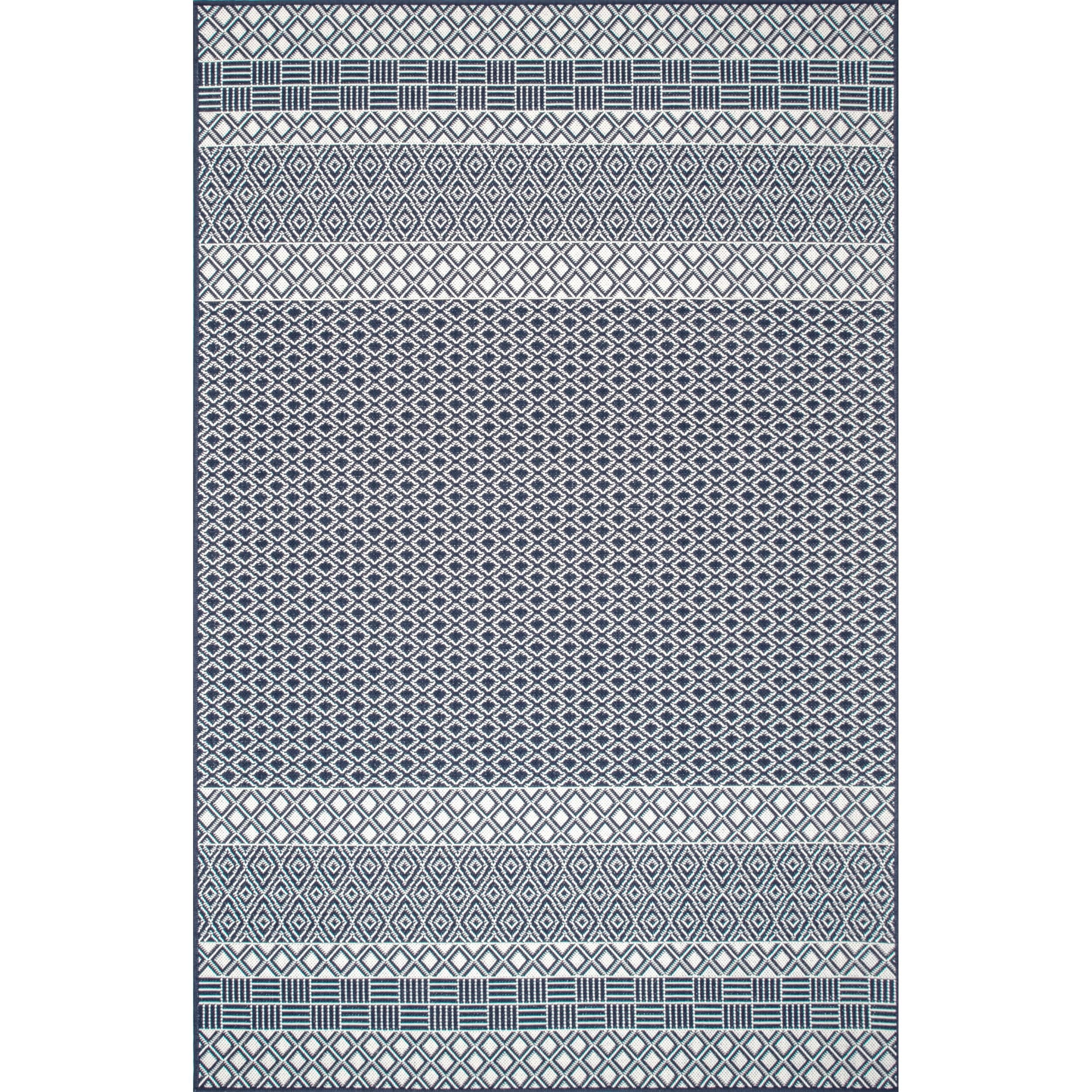Blue Striped Synthetic Reversible Indoor/Outdoor Rug, 5x8