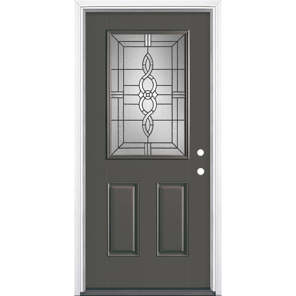 Masonite 997620 Calista 36-in x 80-in Fiberglass Half Lite Left-Hand Inswing Timber Gray Painted Single Front Door with Brickmould Insulating Core