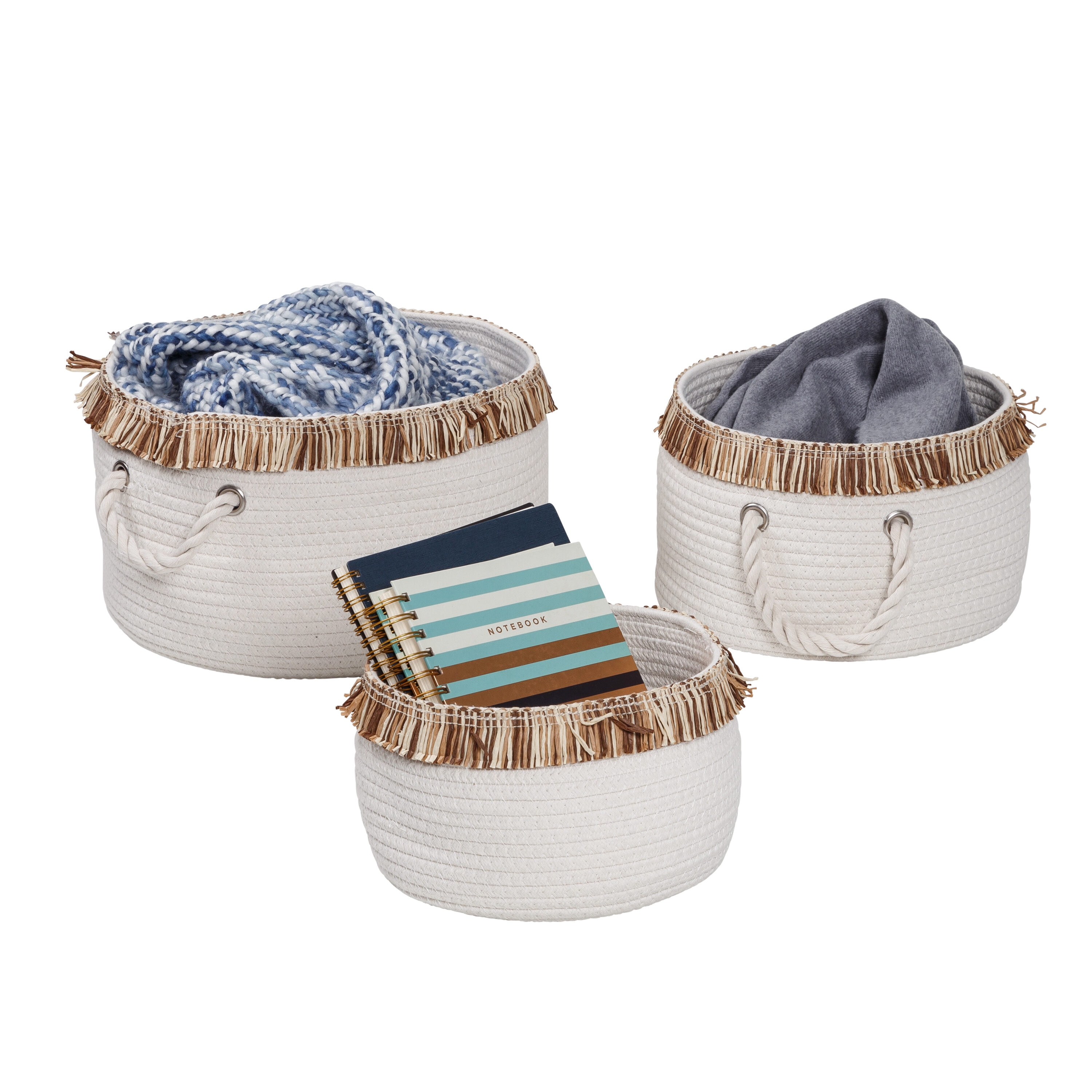 Set of 3 White Cotton Rope Round Baskets with Fringe