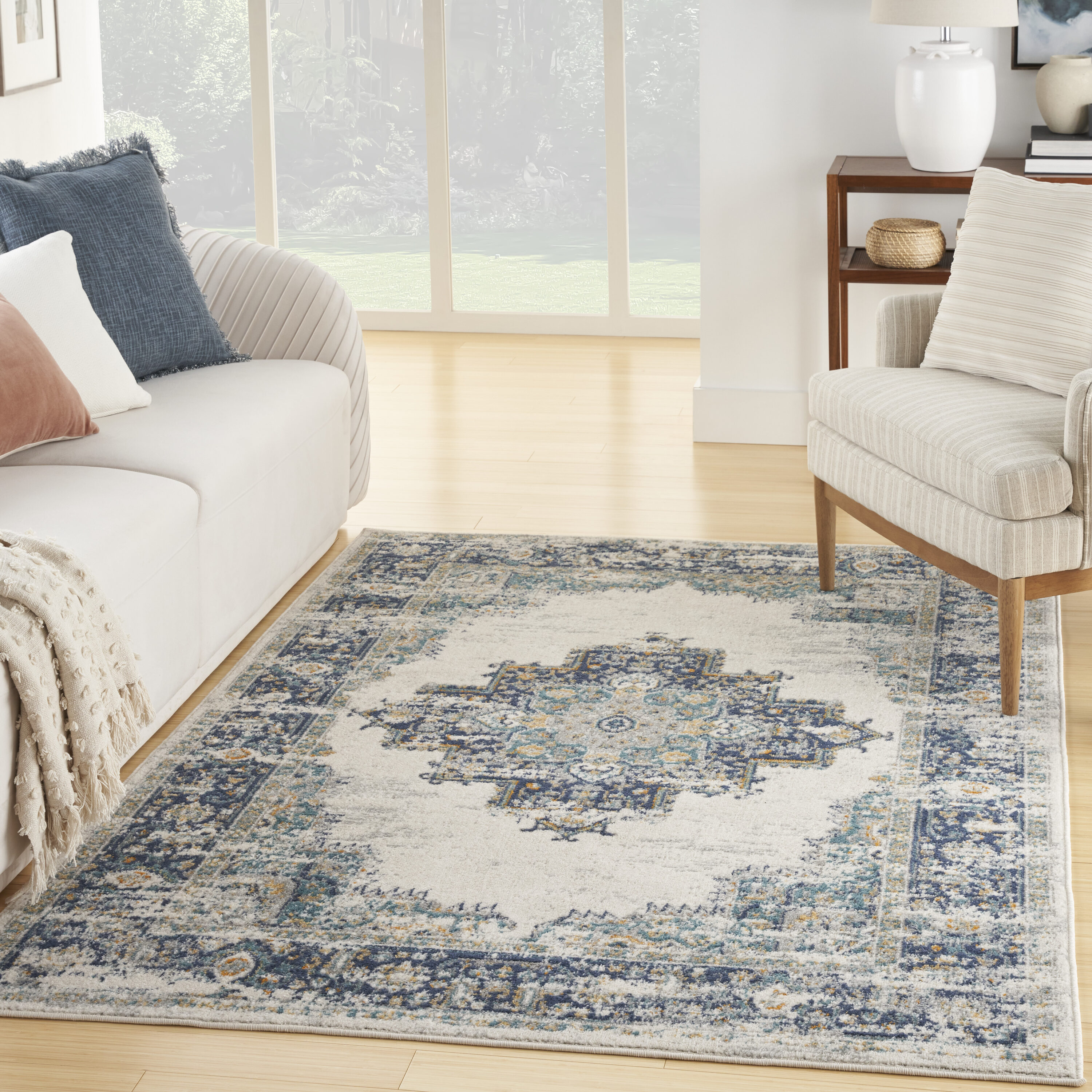 Nourison 099446900814 Passion 5 x 7 (ft) Loomed Polypropylene Ivory/Grey/Blue Rectangular Indoor Border Vintage Area rug