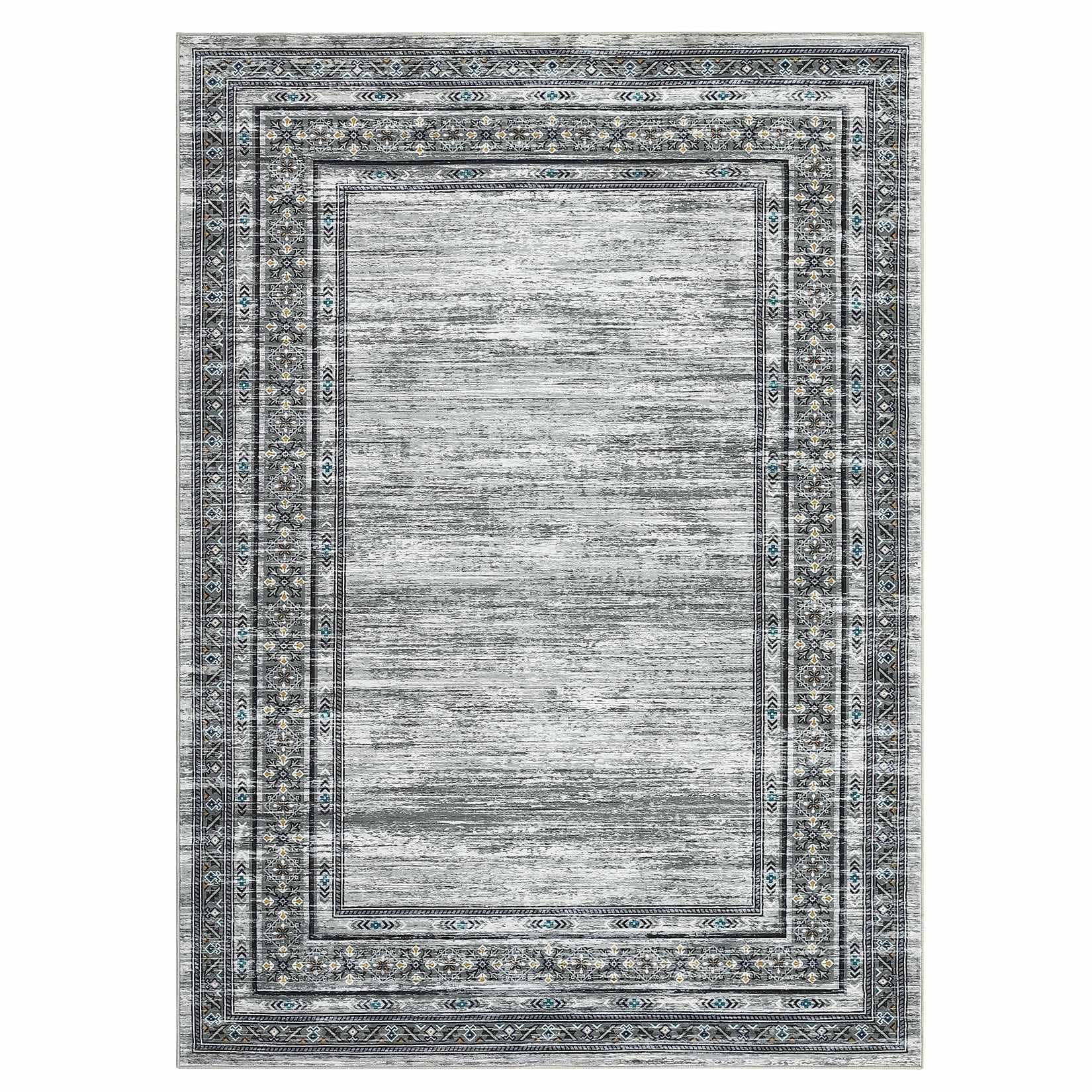 WhizMax SUNNY-PHO-16KH5ZMW 8 x 10 ft Polyester Grey Green Rectangular Living Room Bedroom Dining Room Geometric Bordered Print Modern Machine Washable Area Rug