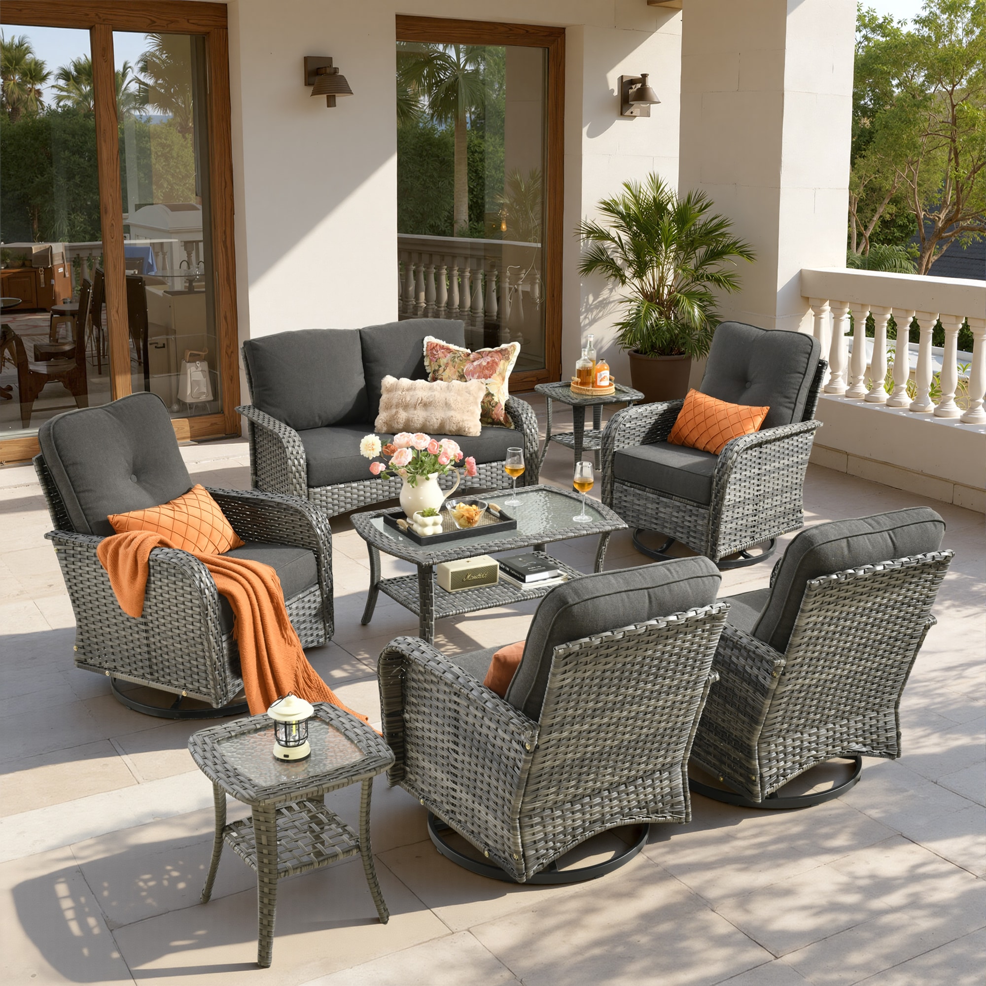 Ovios GN108Y 8 -Piece Rattan Patio Conversation Set with Black Cushions Included