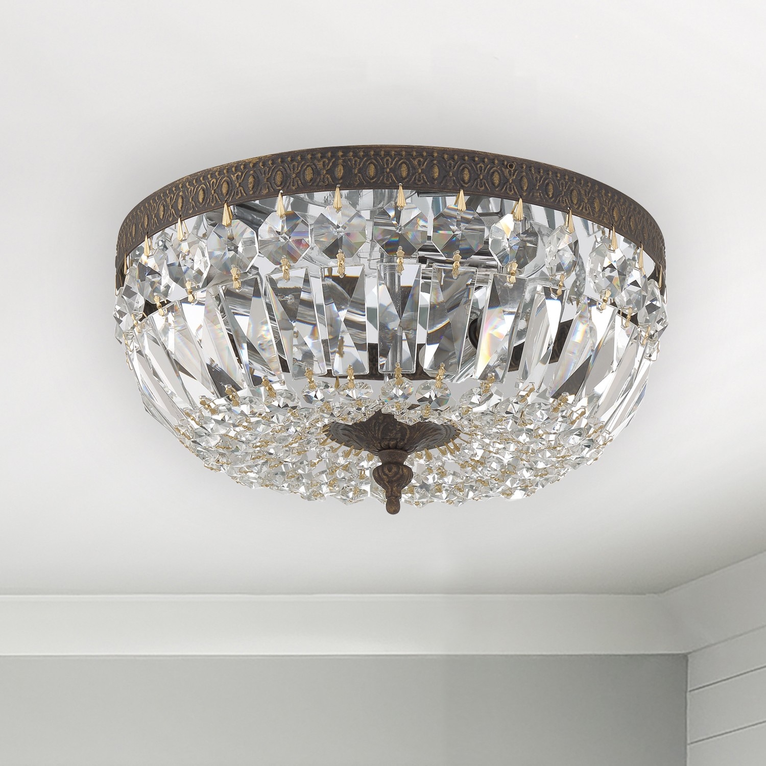 English Bronze Flush Mount with Clear Italian Crystals
