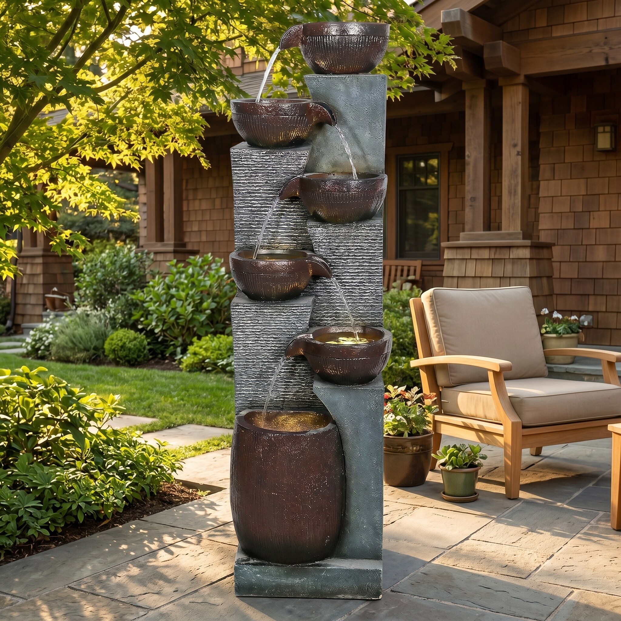 Watnature - 53.5 Inch 6 Tier Cascading Freestanding Waterfall Fountain with LED Lights Modern Ar...
