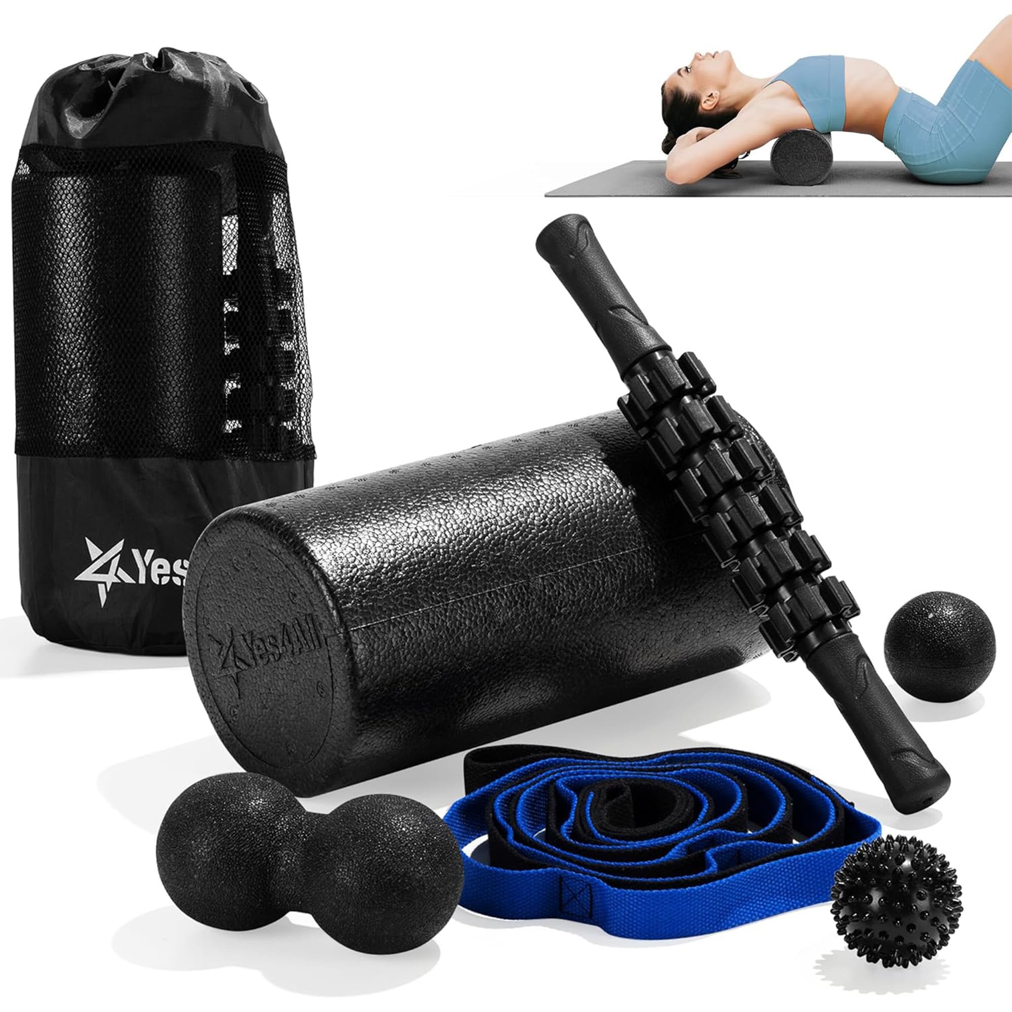 Yes4All  7-in-1 EPP Round Foam Roller Set for Pilates and Exercise 12 Inch Black