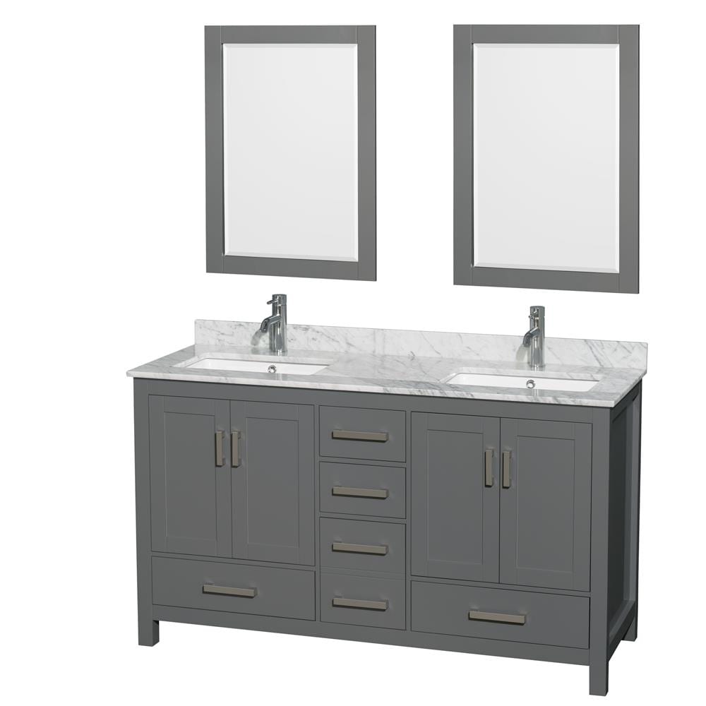 Wyndham Collection WCS141460DKGCMUNSM24 Sheffield 60-in Dark Gray with Brushed Chrome Trim Undermount Double sink Bathroom Vanity with White Carrara Marble Natural marble Top (Mirror Included)