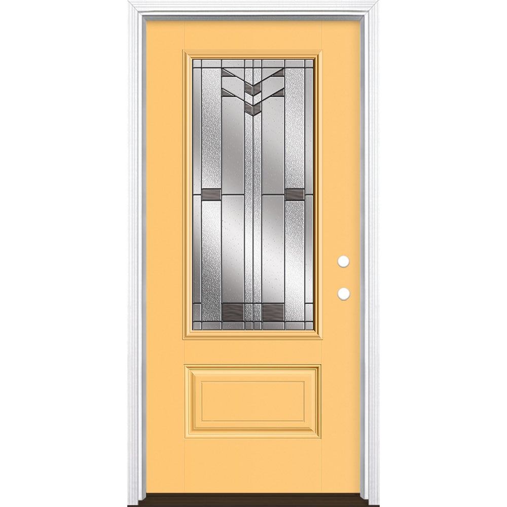 Masonite 3420337 Frontier 36-in x 80-in x 4-9/16-in Fiberglass 3/4 lite Left-hand inswing Cabana Yellow Painted Prehung Front Door with Brickmould Insulating core