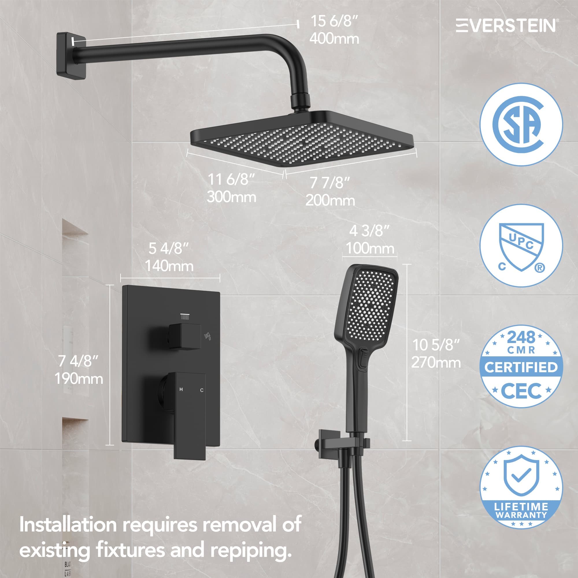 EVERSTEIN SFS-1075-BK Showerhead-Bar-Panels - View #10