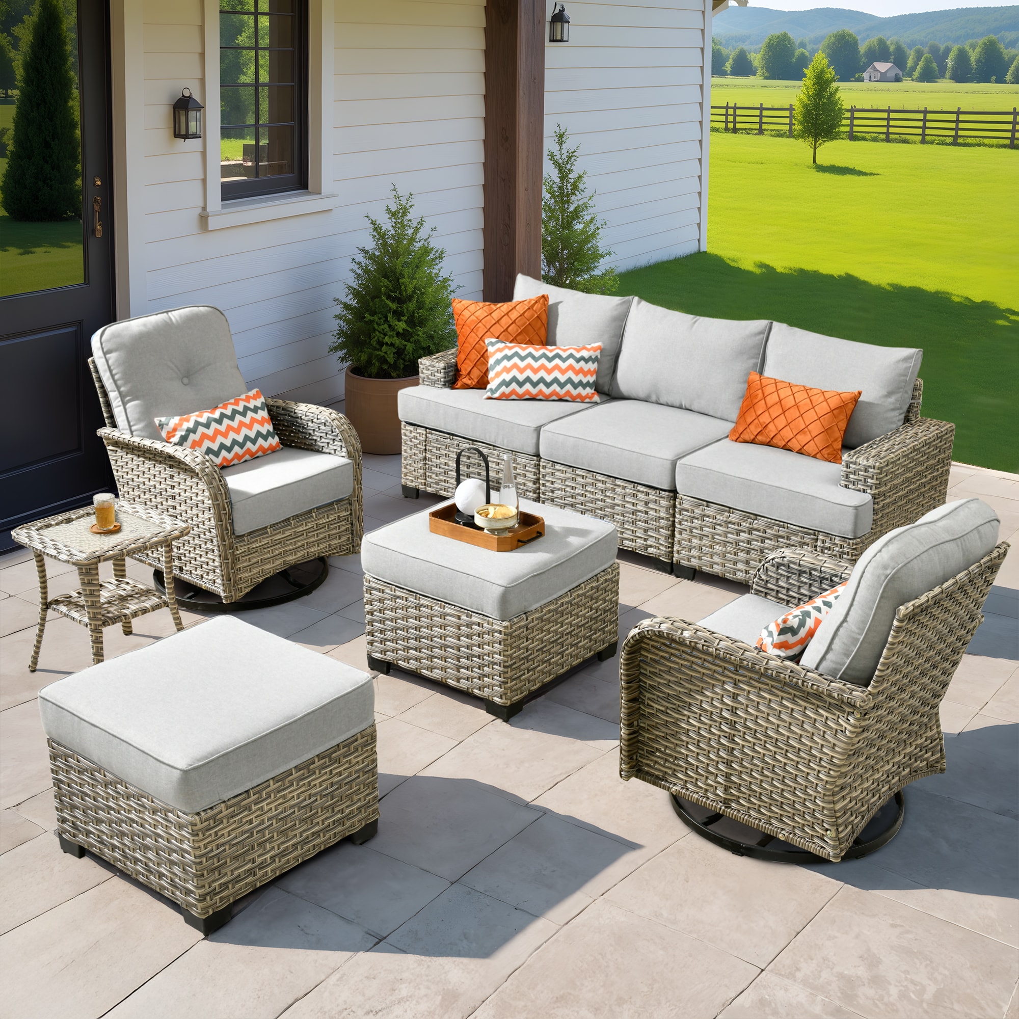 XIZZI XITBS4063-VNCRC Agate 6 -Piece Rattan Patio Sofa Conversation Set with Light Gray Cushions